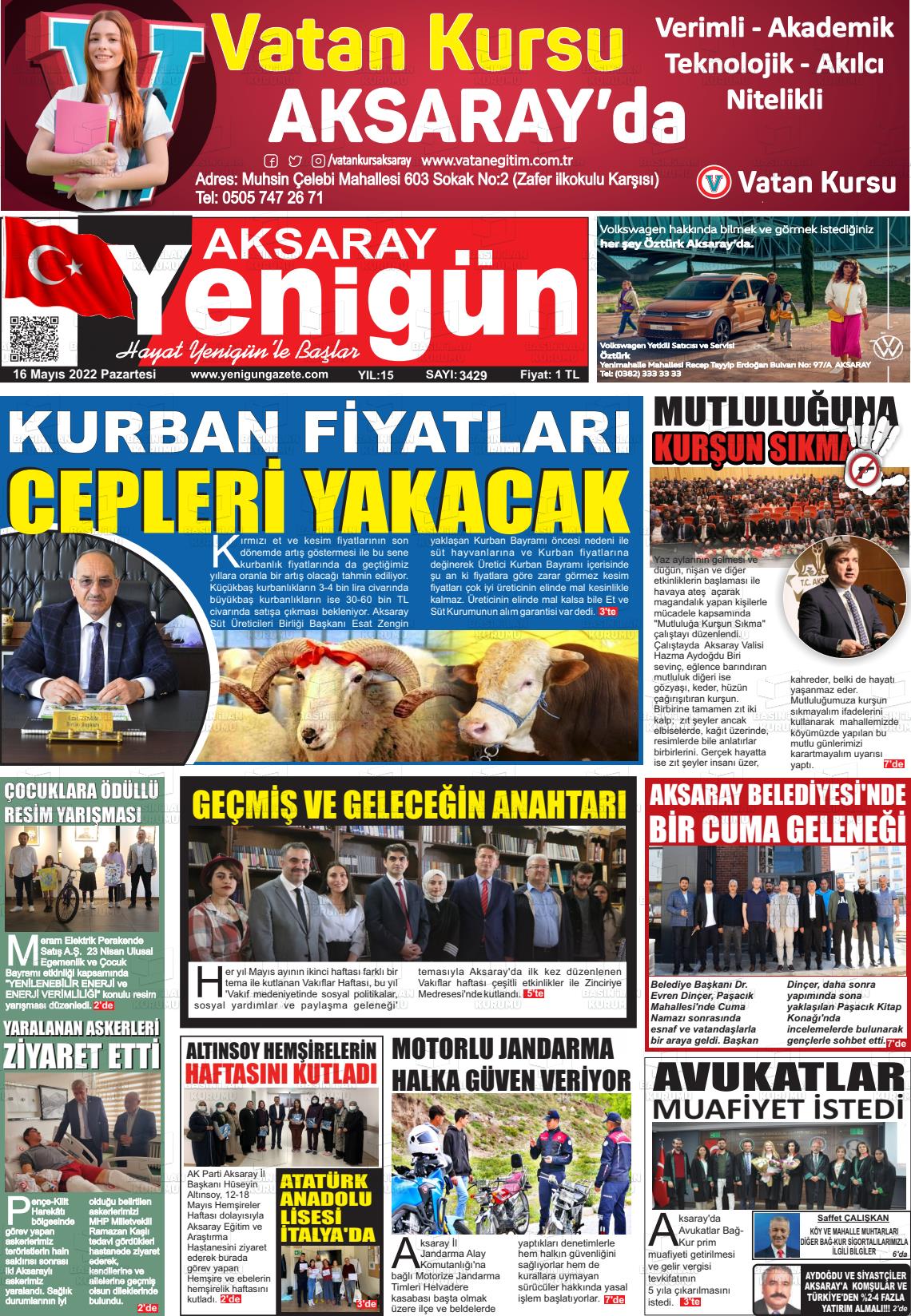 16 Mayıs 2022 Yenigün Gazete Manşeti