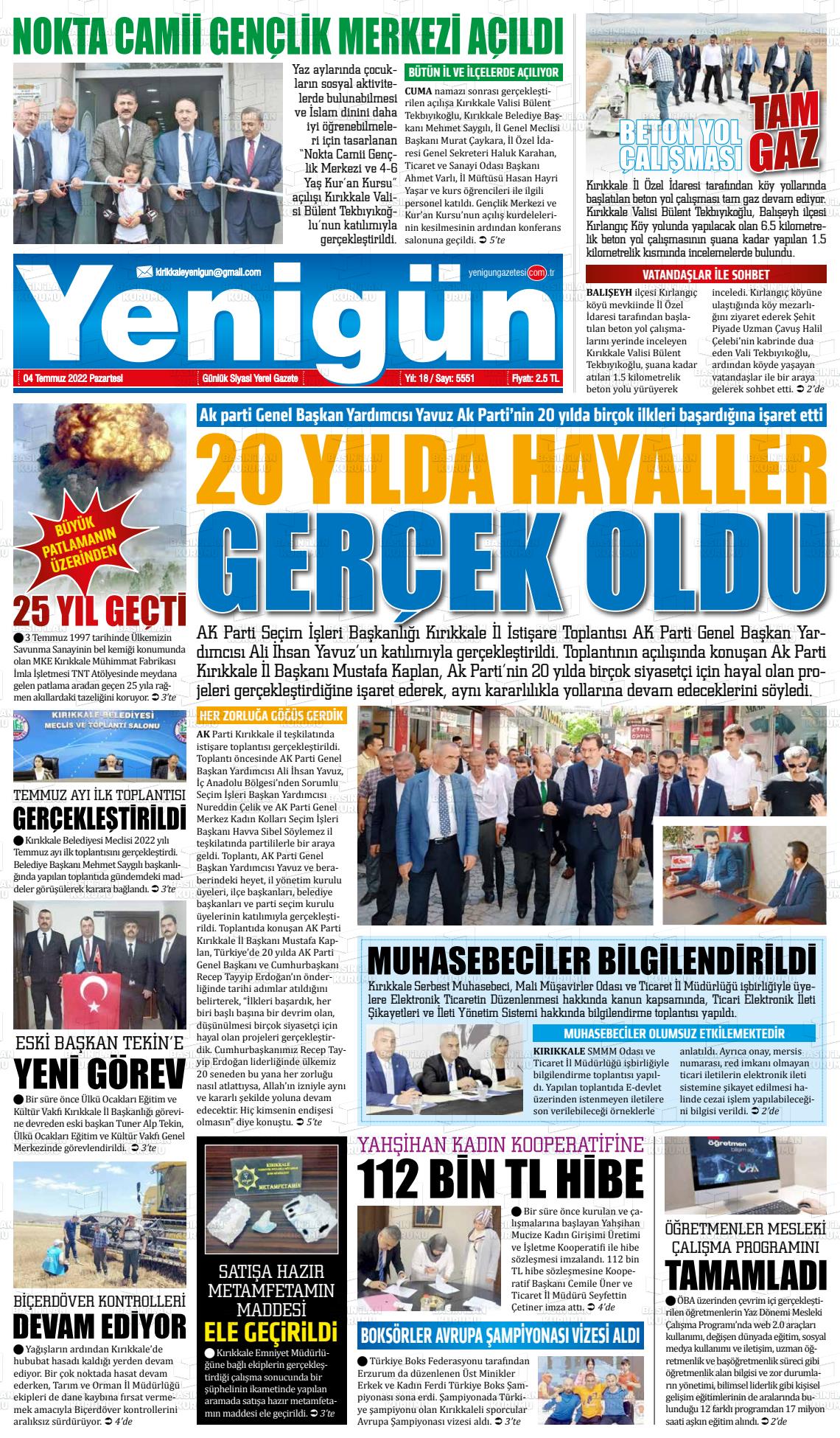 04 Temmuz 2022 Yenigün Gazete Manşeti