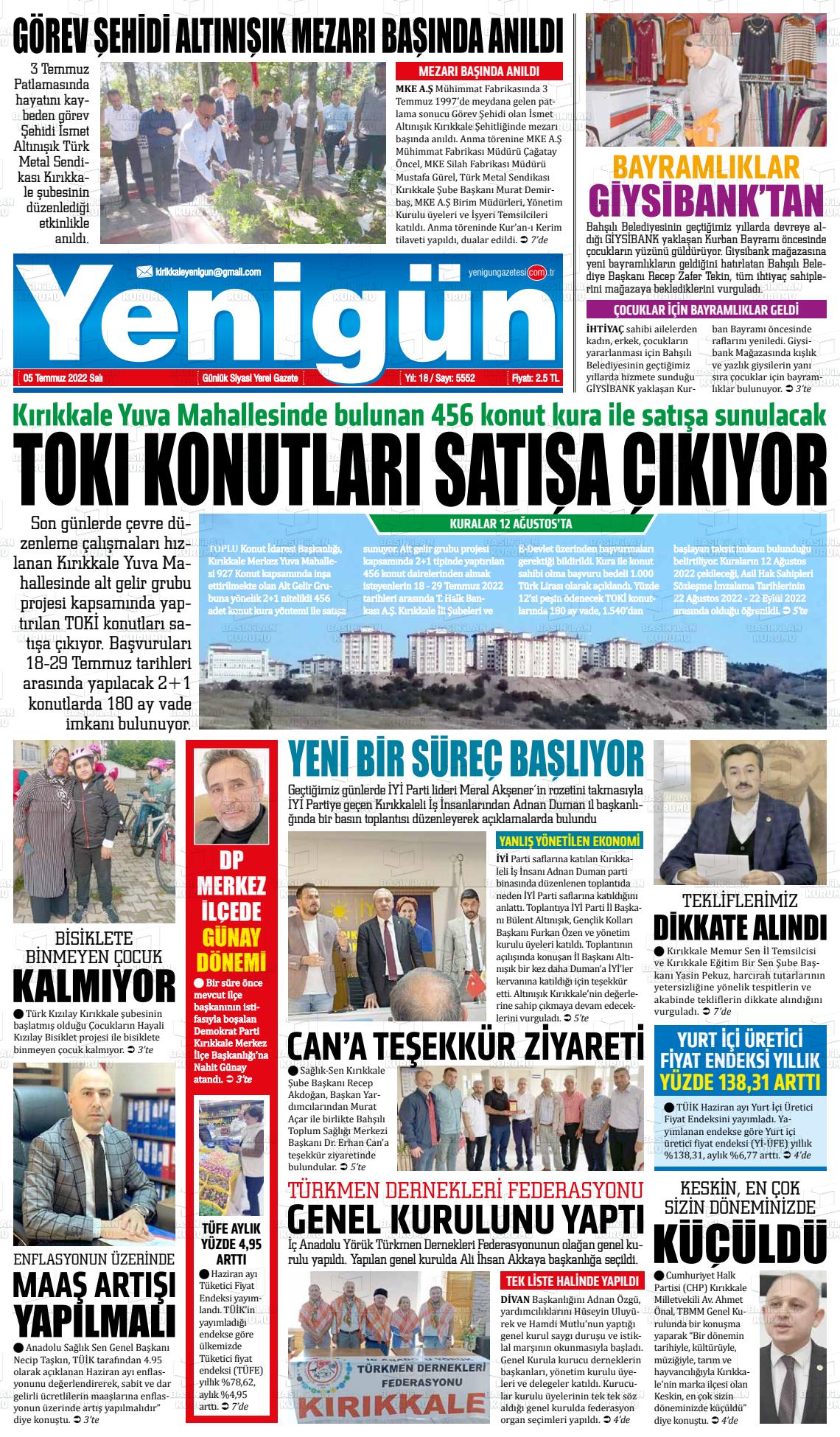 05 Temmuz 2022 Yenigün Gazete Manşeti