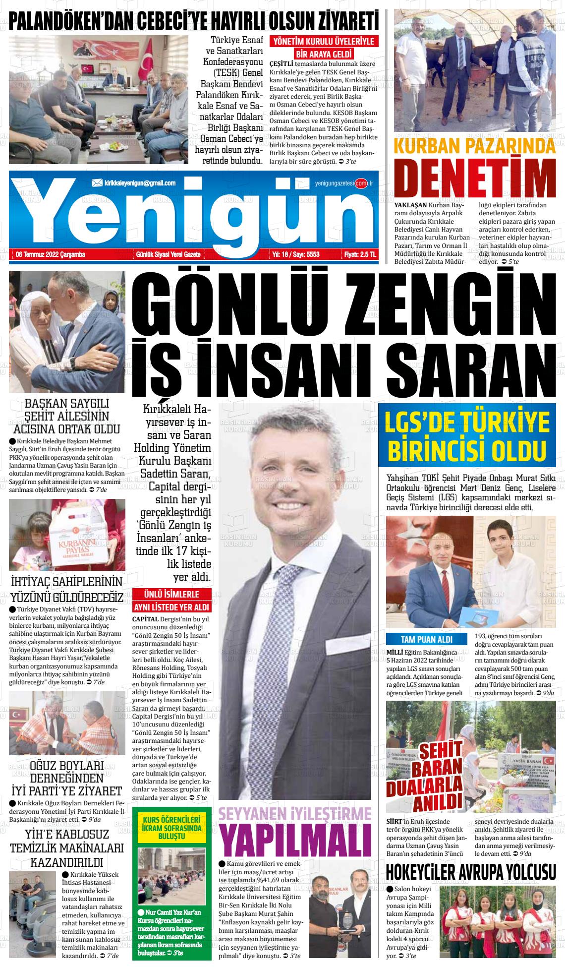 06 Temmuz 2022 Yenigün Gazete Manşeti