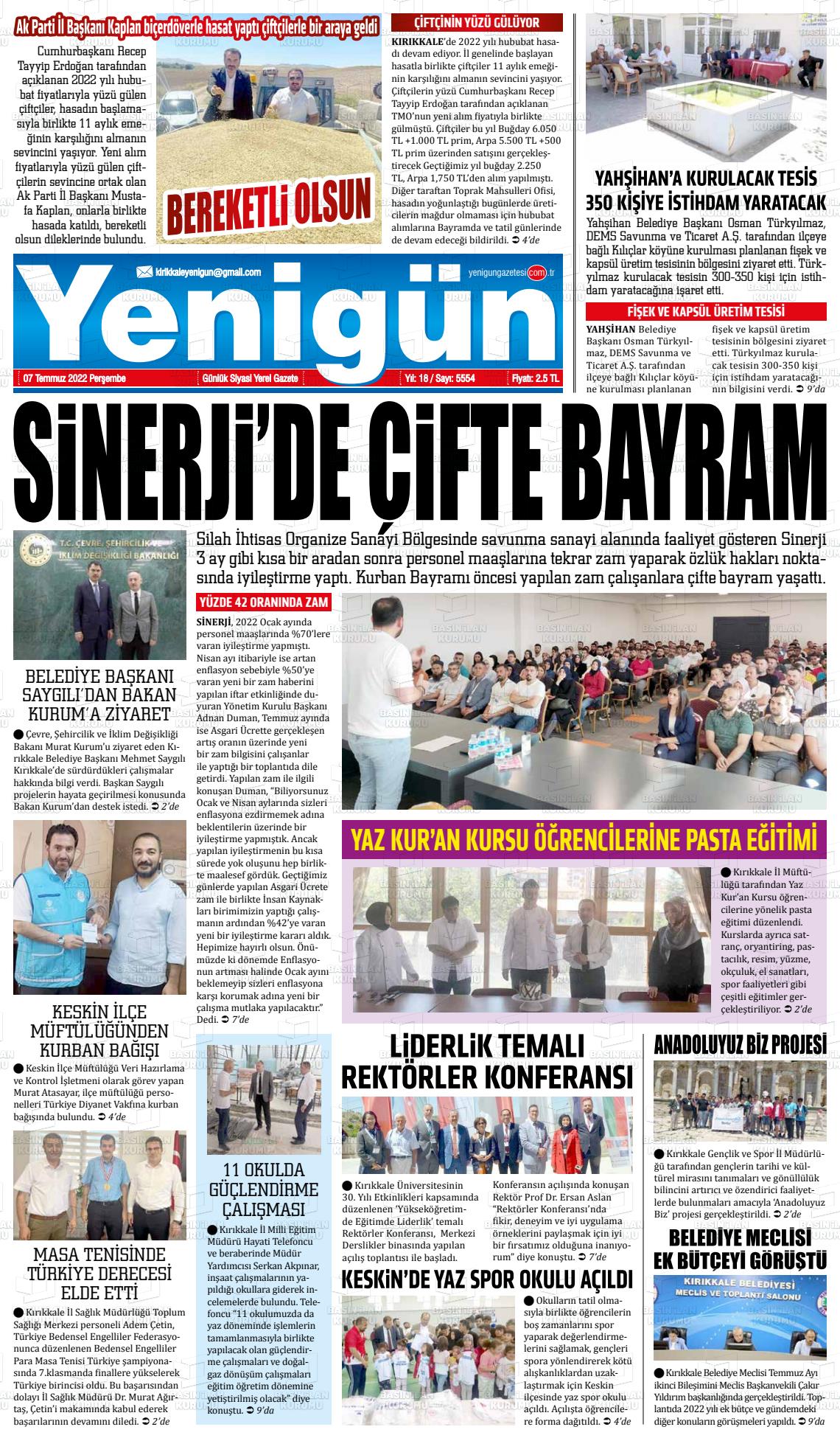 07 Temmuz 2022 Yenigün Gazete Manşeti