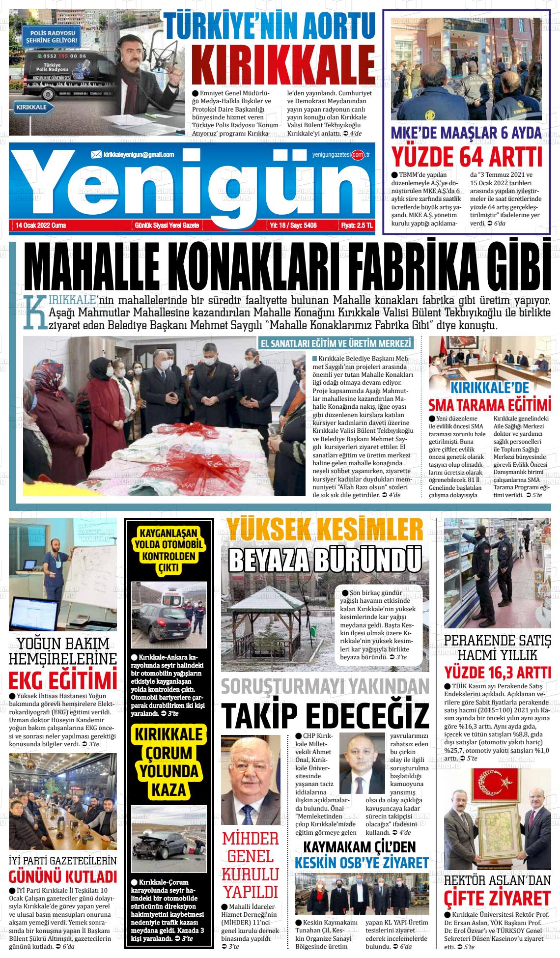14 Ocak 2022 Yenigün Gazete Manşeti