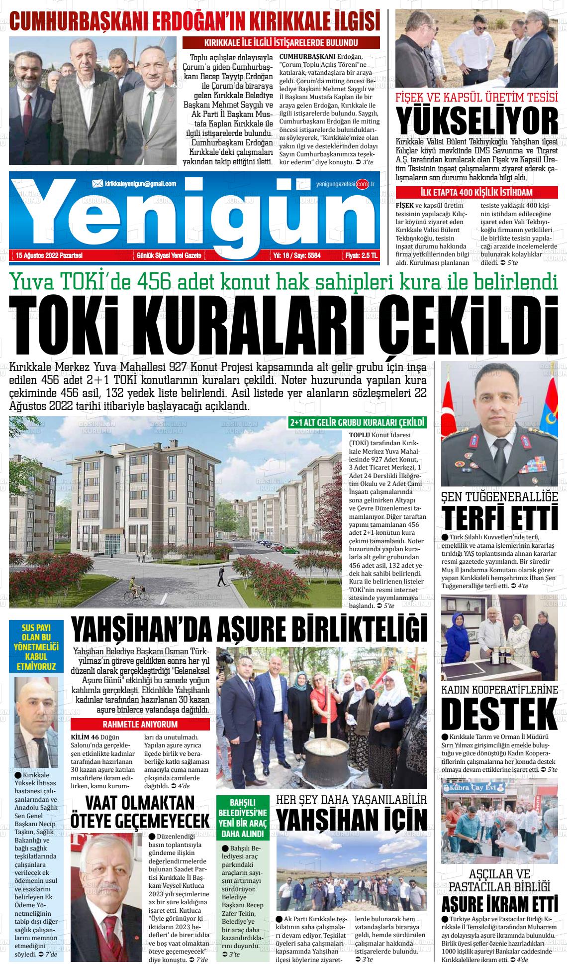15 Ağustos 2022 Yenigün Gazete Manşeti