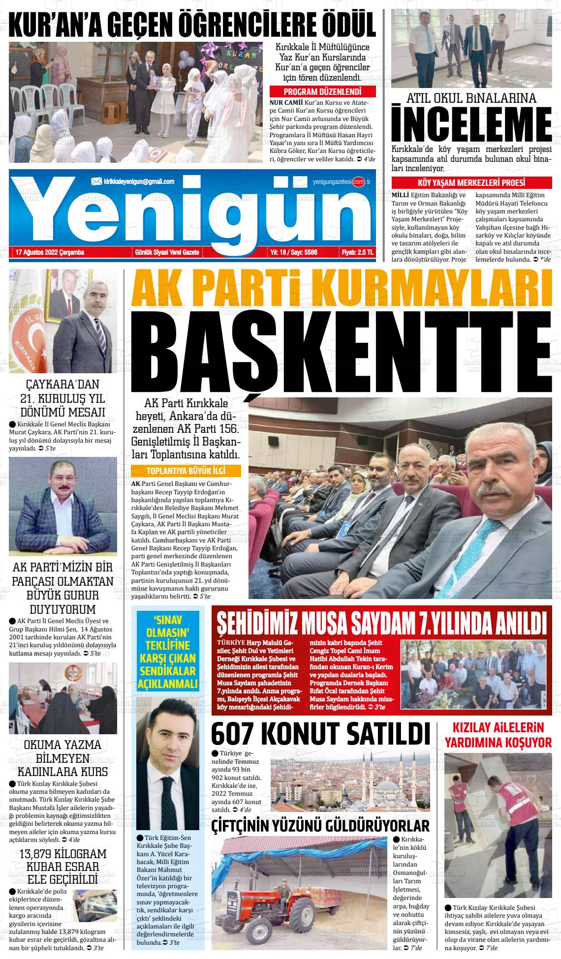 17 Ağustos 2022 Yenigün Gazete Manşeti