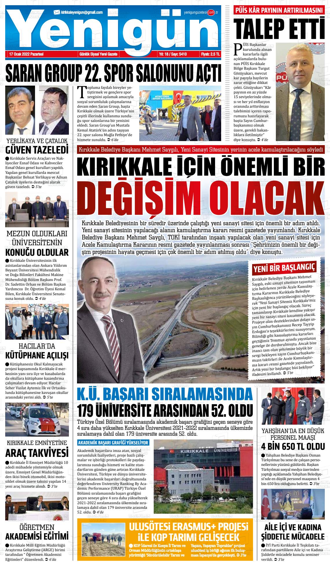 17 Ocak 2022 Yenigün Gazete Manşeti