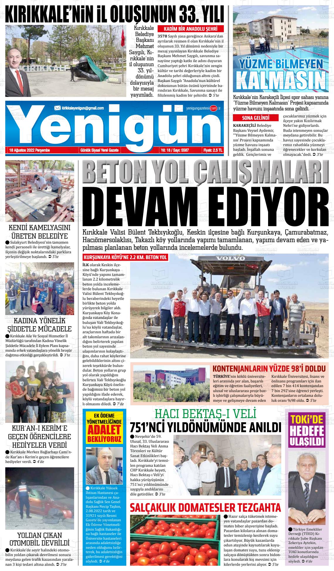 18 Ağustos 2022 Yenigün Gazete Manşeti