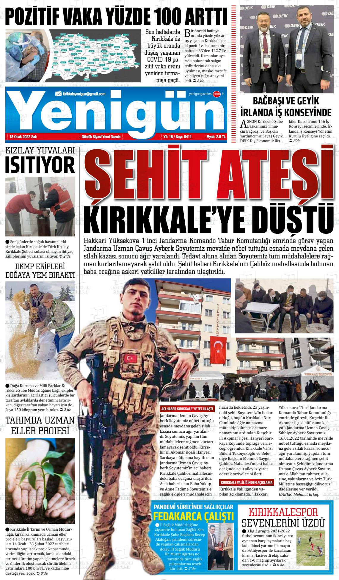 18 Ocak 2022 Yenigün Gazete Manşeti