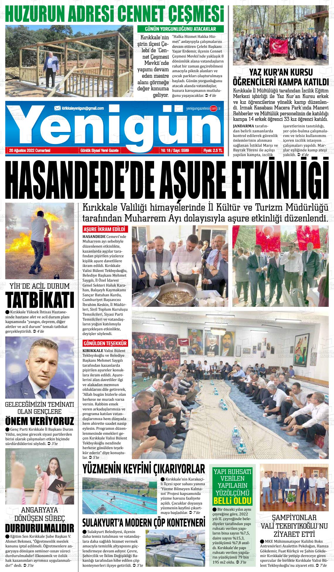 20 Ağustos 2022 Yenigün Gazete Manşeti