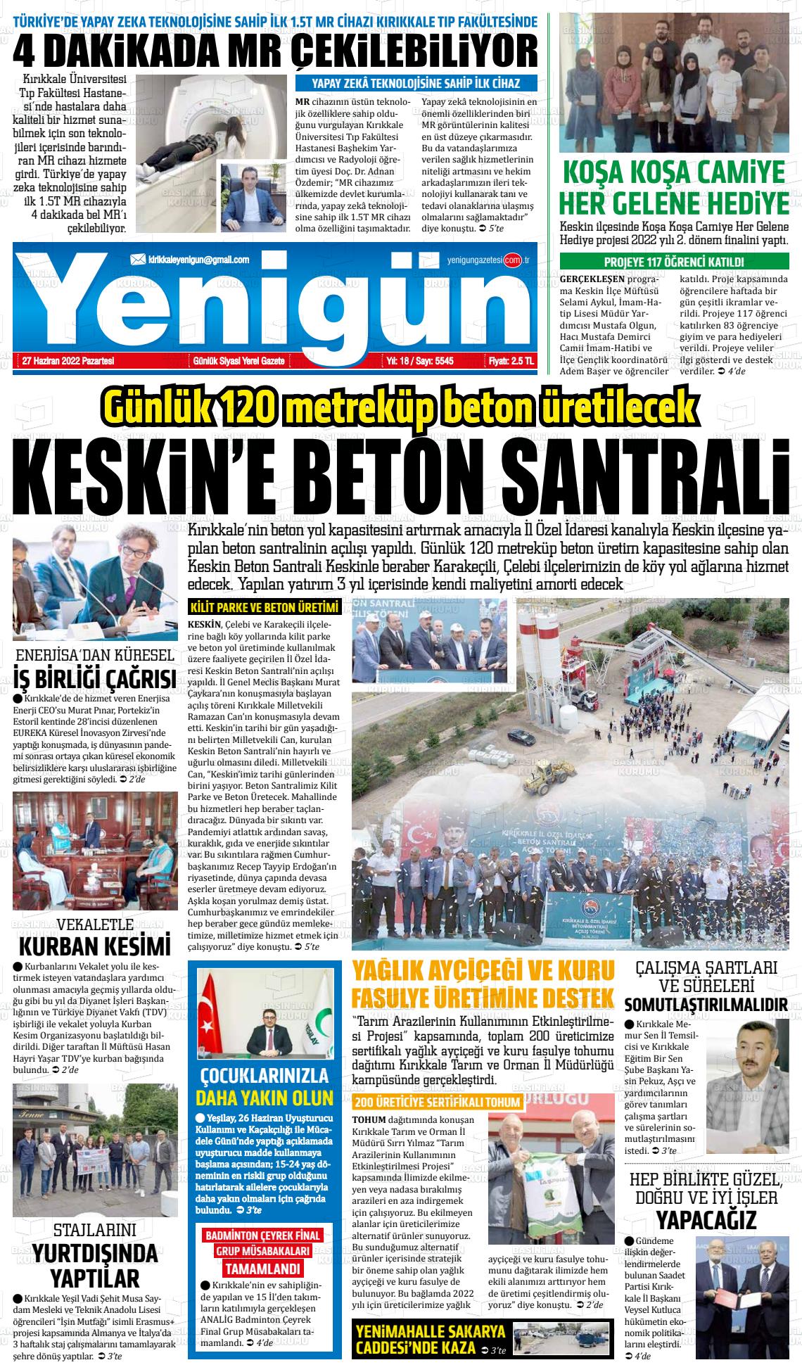 27 Haziran 2022 Yenigün Gazete Manşeti