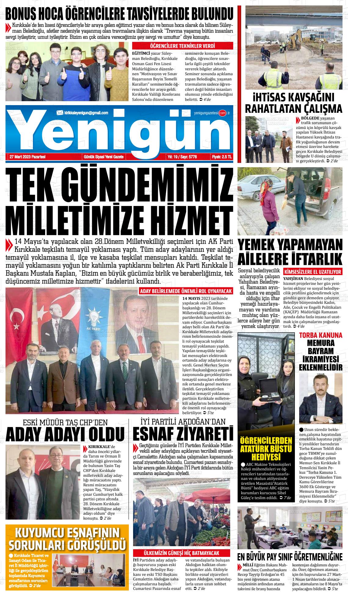 27 Mart 2023 Yenigün Gazete Manşeti