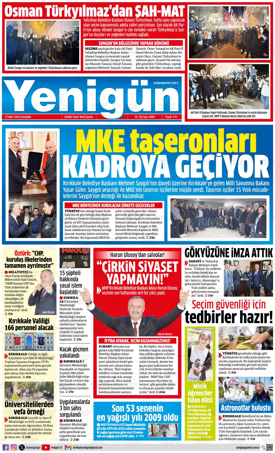 27 Mart 2024 Yenigün Gazete Manşeti