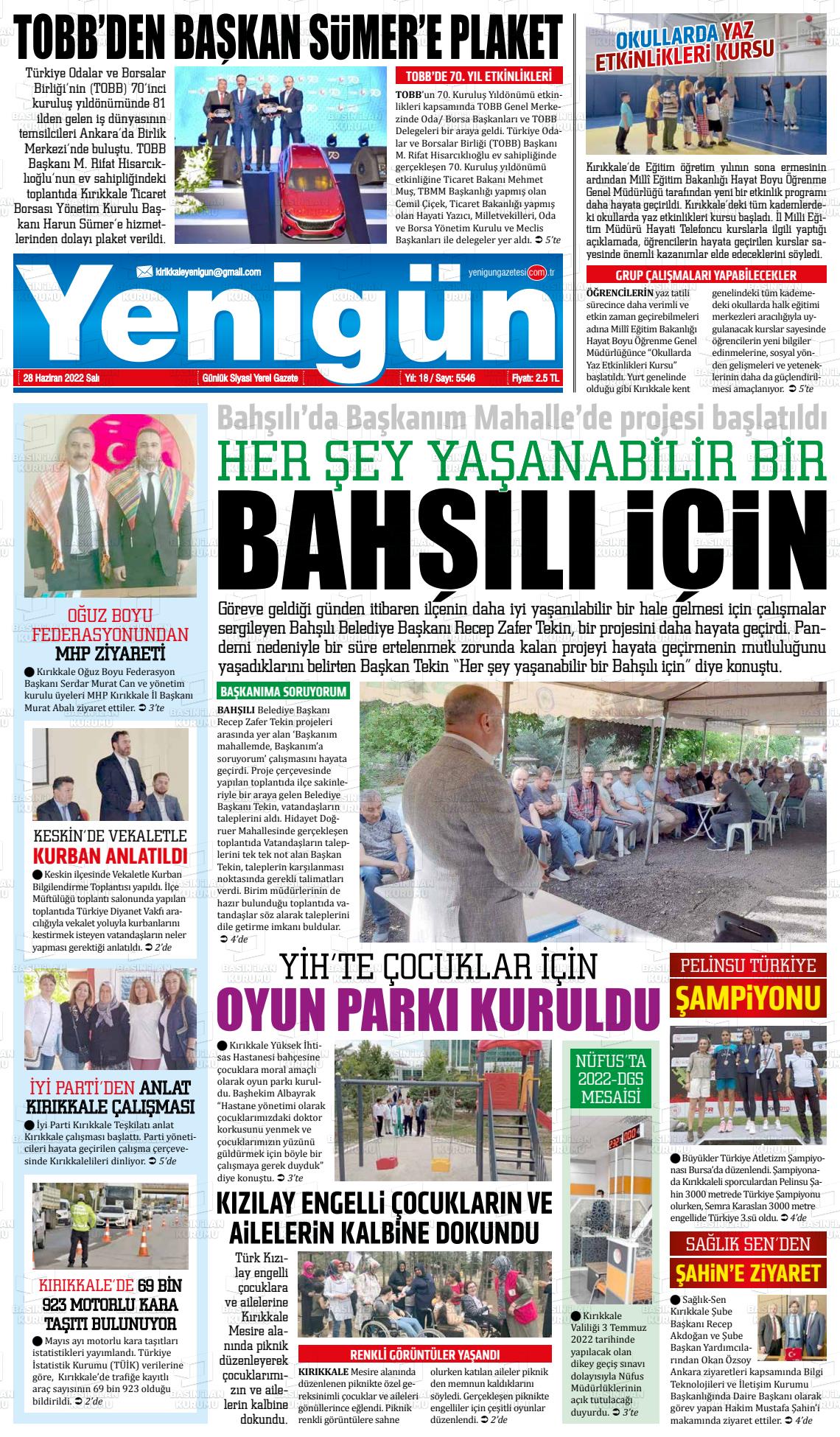 28 Haziran 2022 Yenigün Gazete Manşeti