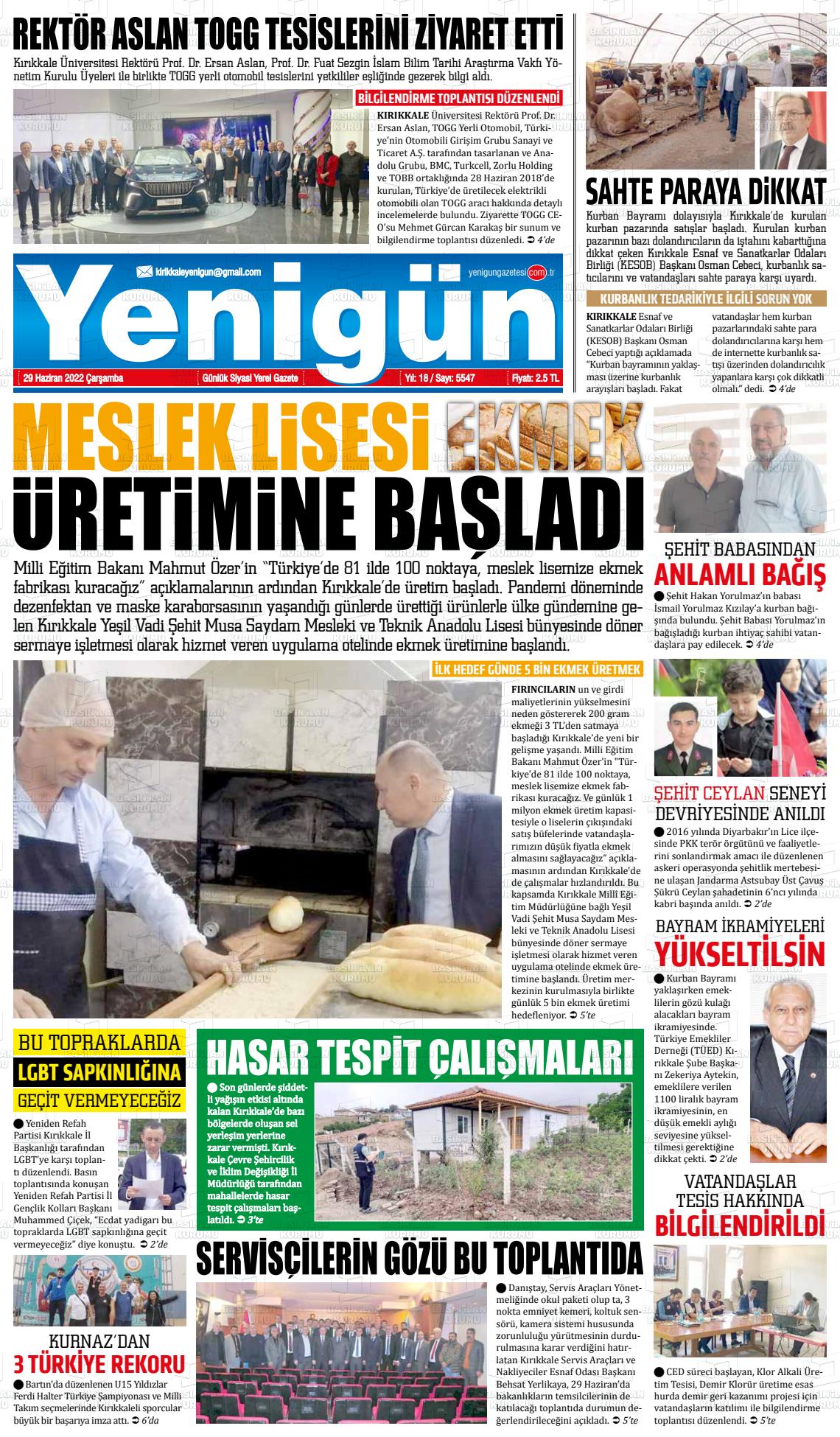 29 Haziran 2022 Yenigün Gazete Manşeti