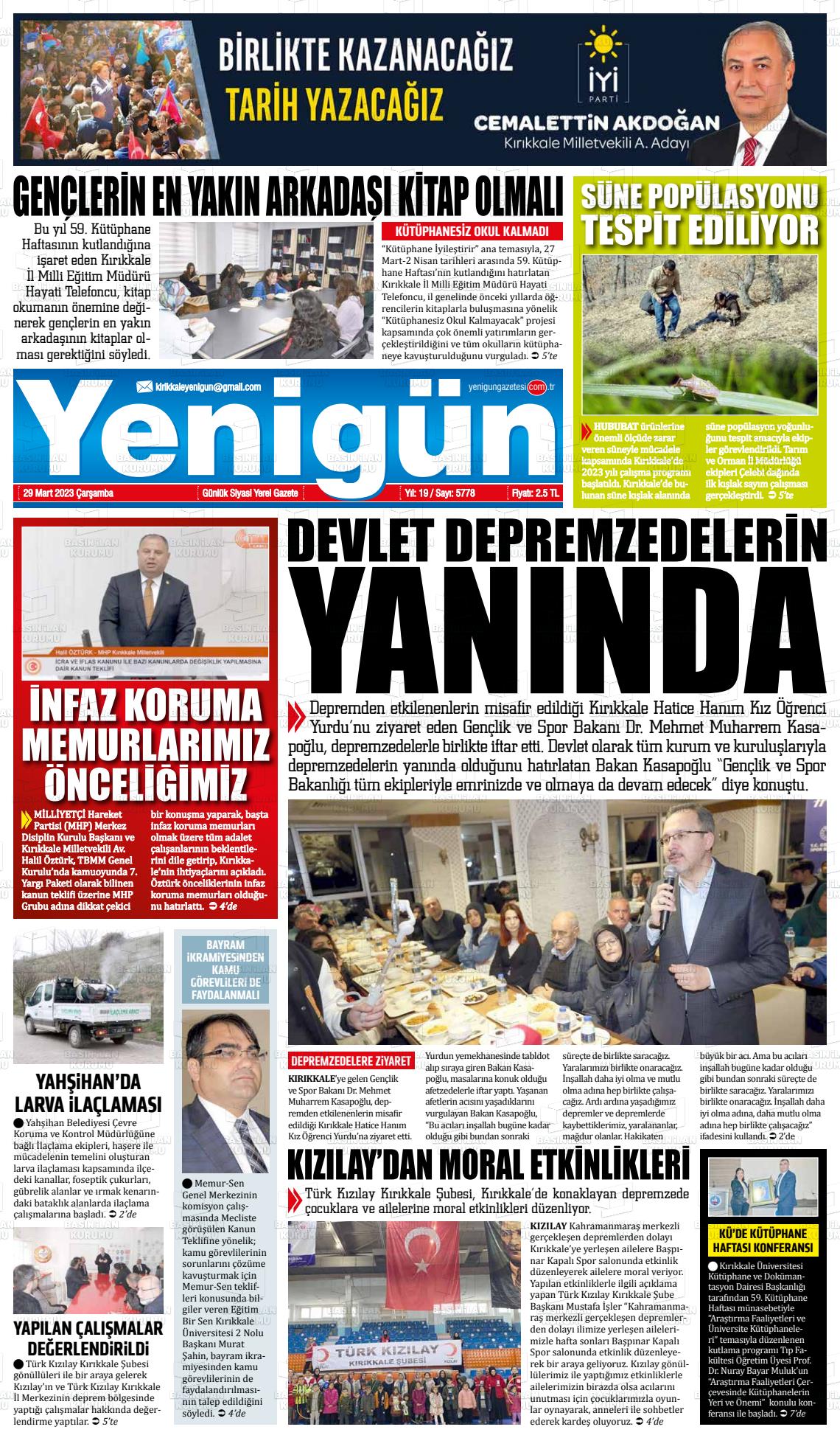29 Mart 2023 Yenigün Gazete Manşeti
