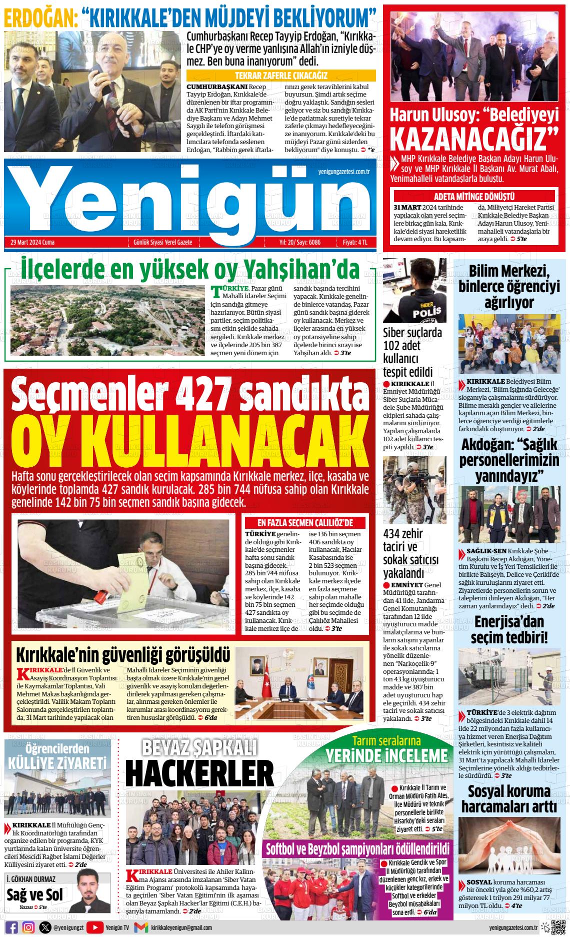 29 Mart 2024 Yenigün Gazete Manşeti