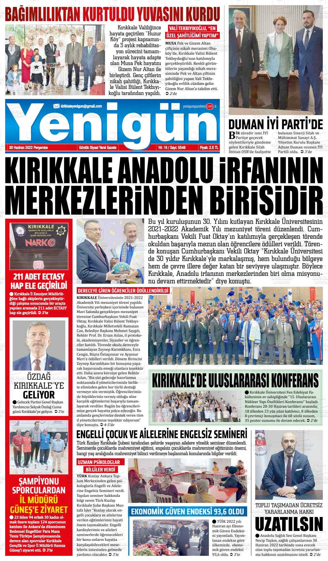 01 Temmuz 2022 Yenigün Gazete Manşeti