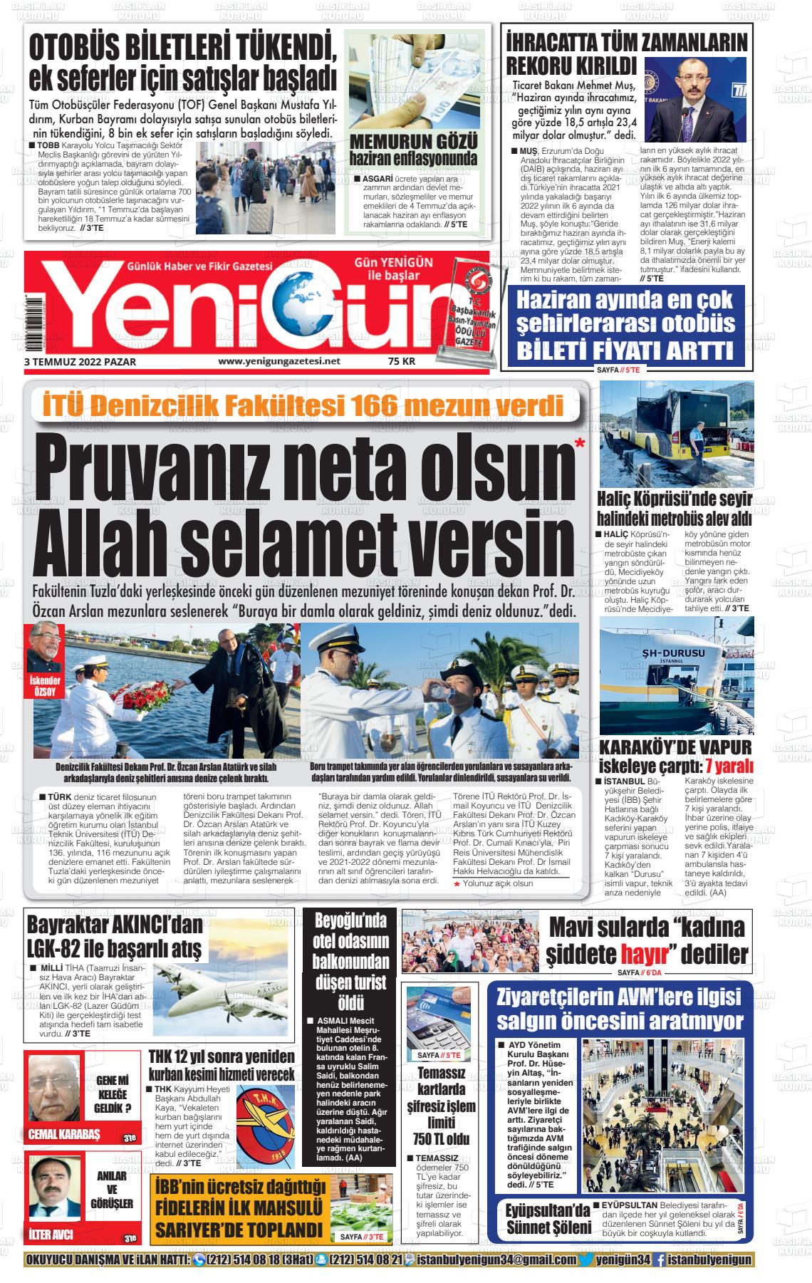 03 Temmuz 2022 Fatih Yenigün Gazete Manşeti