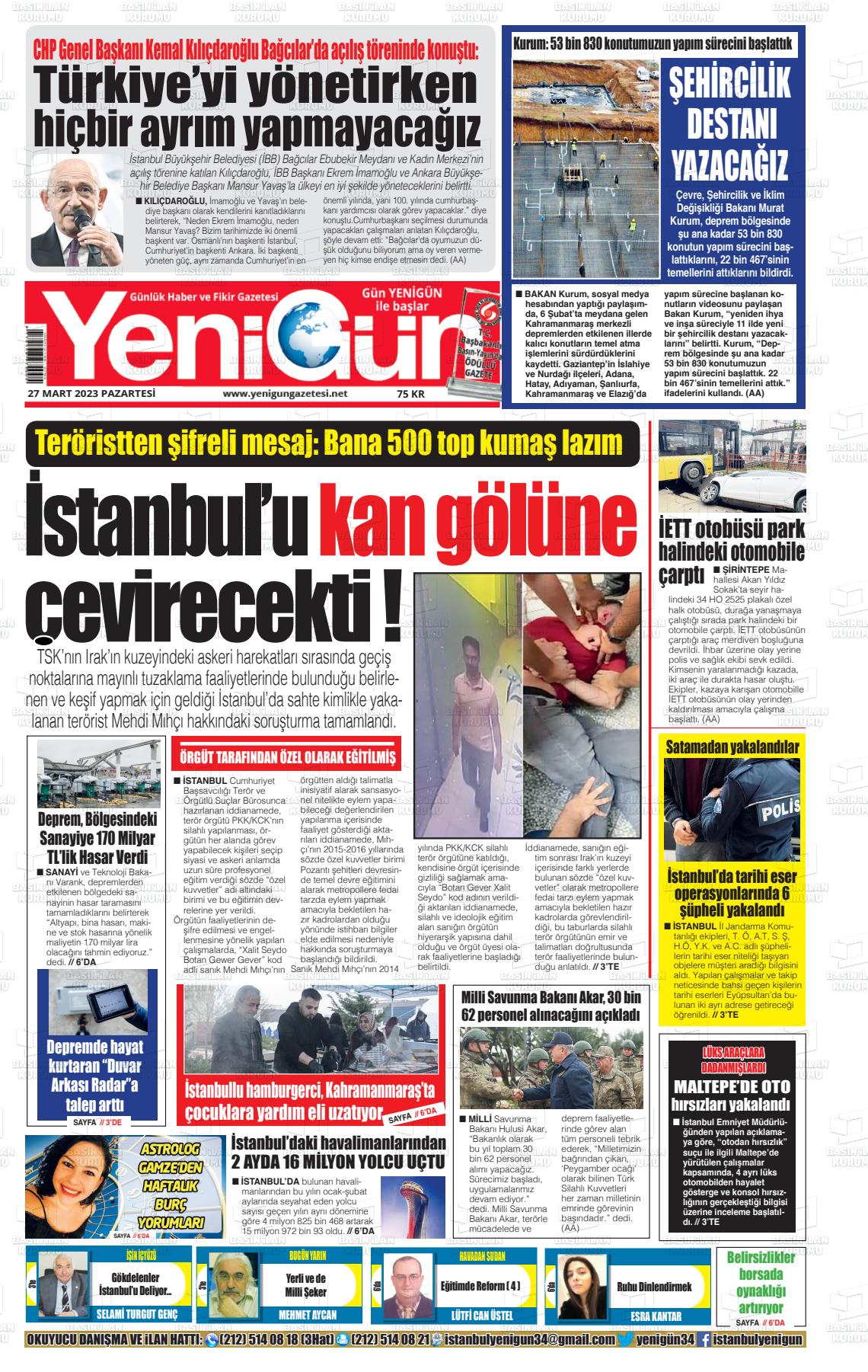27 Mart 2023 Fatih Yenigün Gazete Manşeti