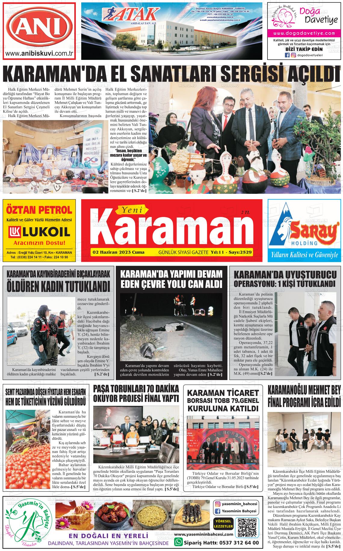 02 Haziran 2023 Yeni Karaman Gazete Manşeti