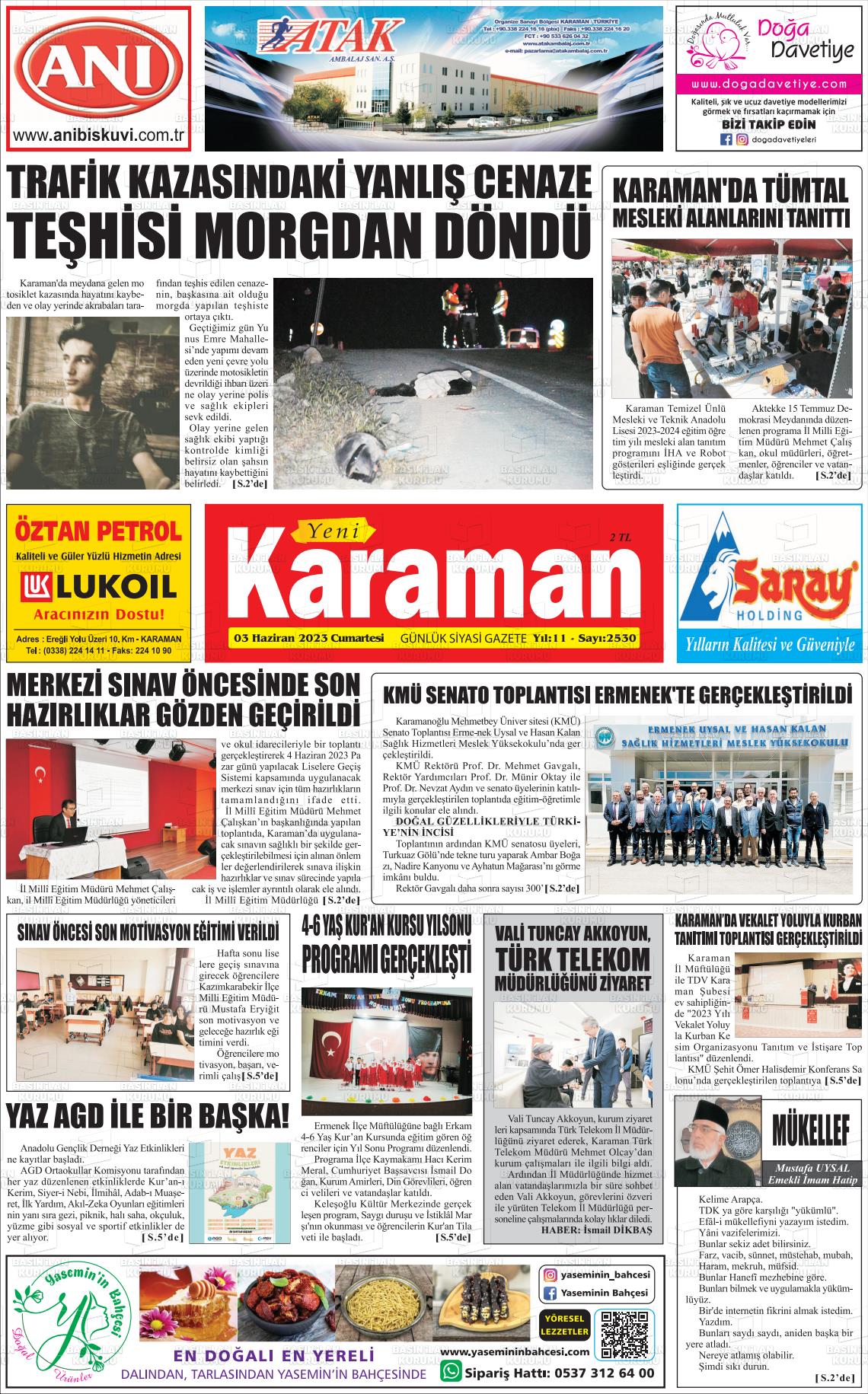03 Haziran 2023 Yeni Karaman Gazete Manşeti
