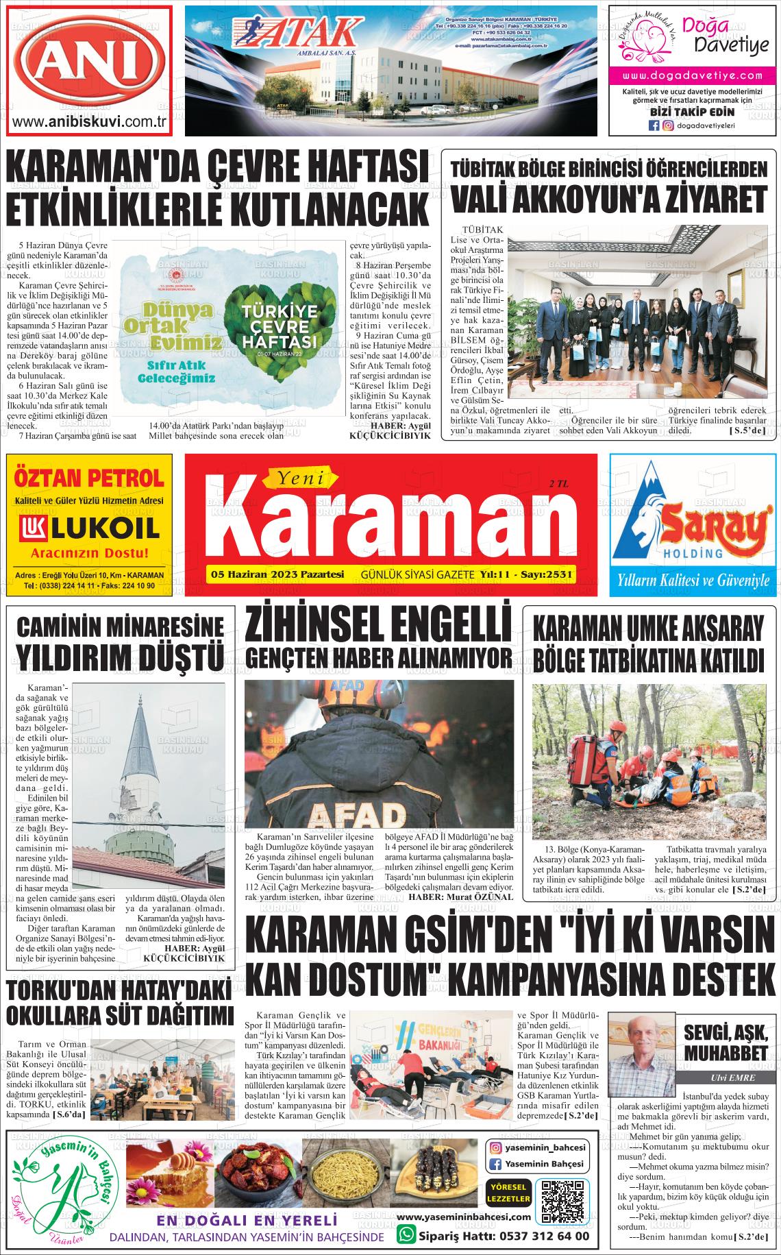 05 Haziran 2023 Yeni Karaman Gazete Manşeti