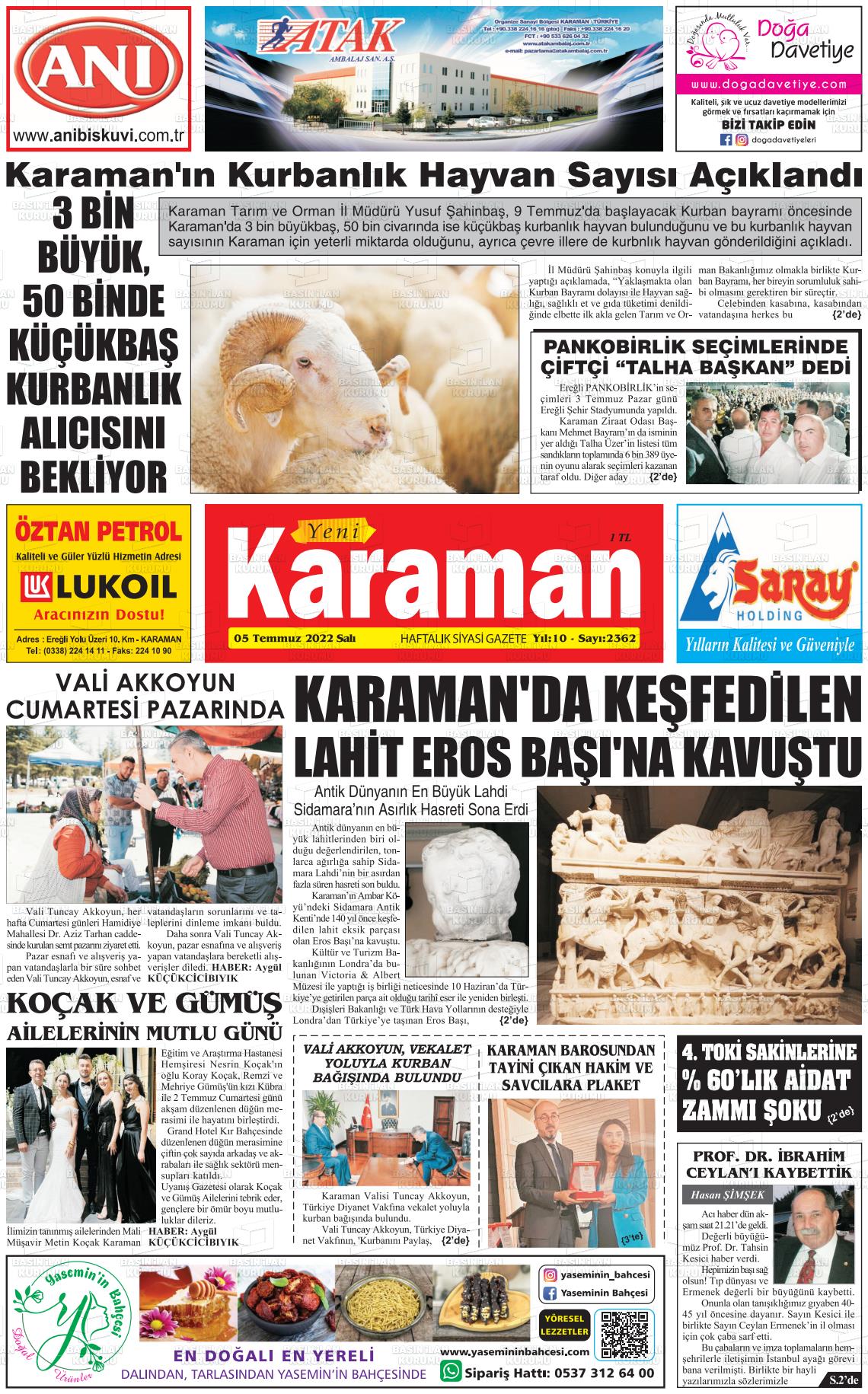 05 Temmuz 2022 Yeni Karaman Gazete Manşeti