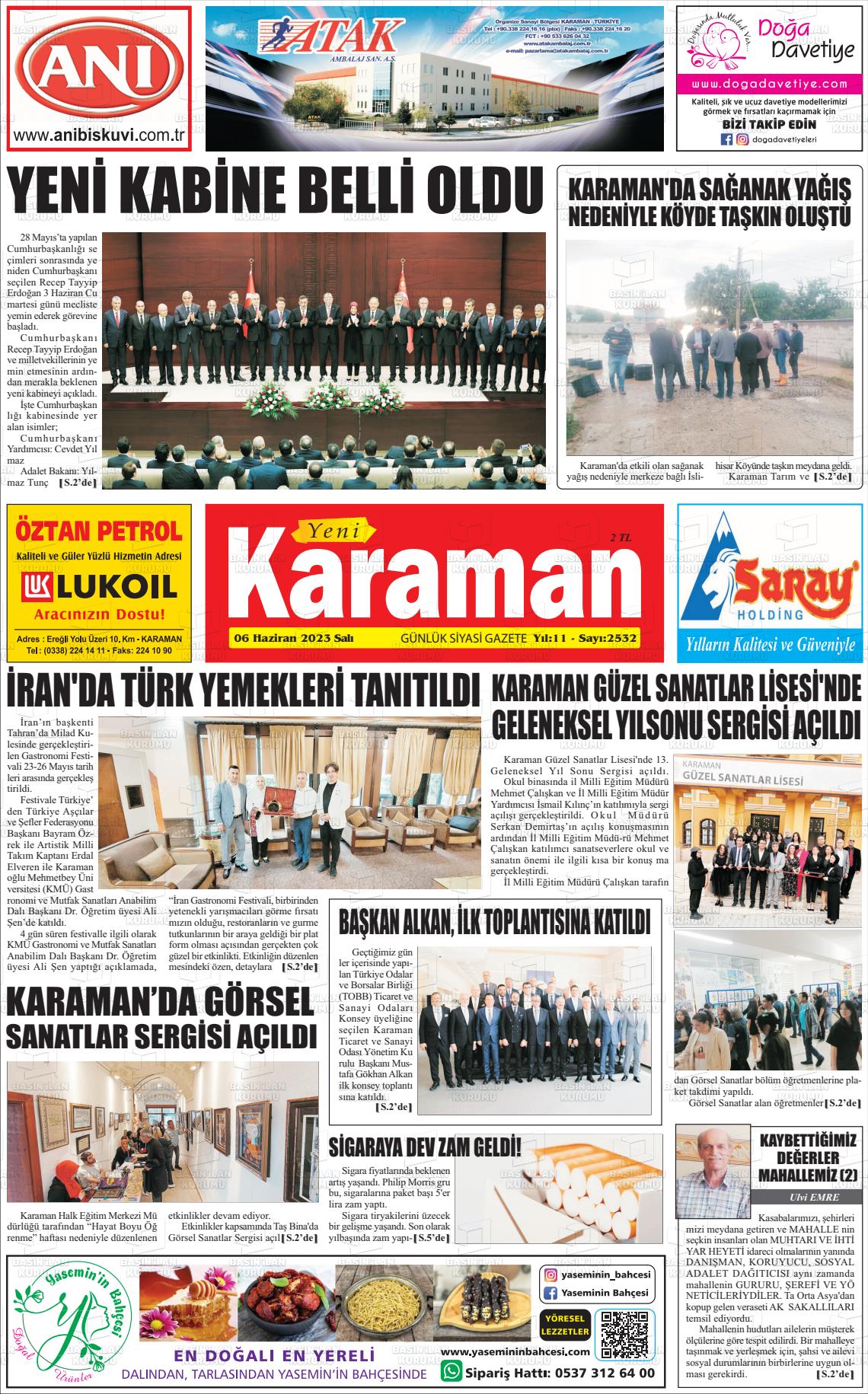 06 Haziran 2023 Yeni Karaman Gazete Manşeti