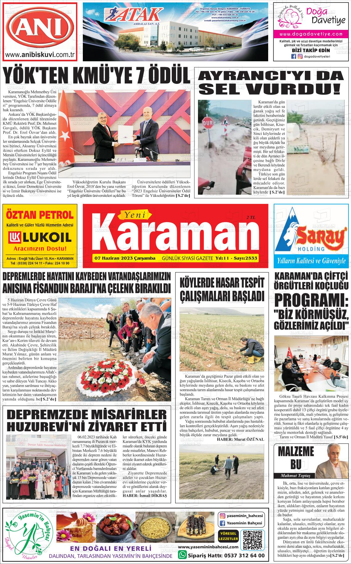 07 Haziran 2023 Yeni Karaman Gazete Manşeti