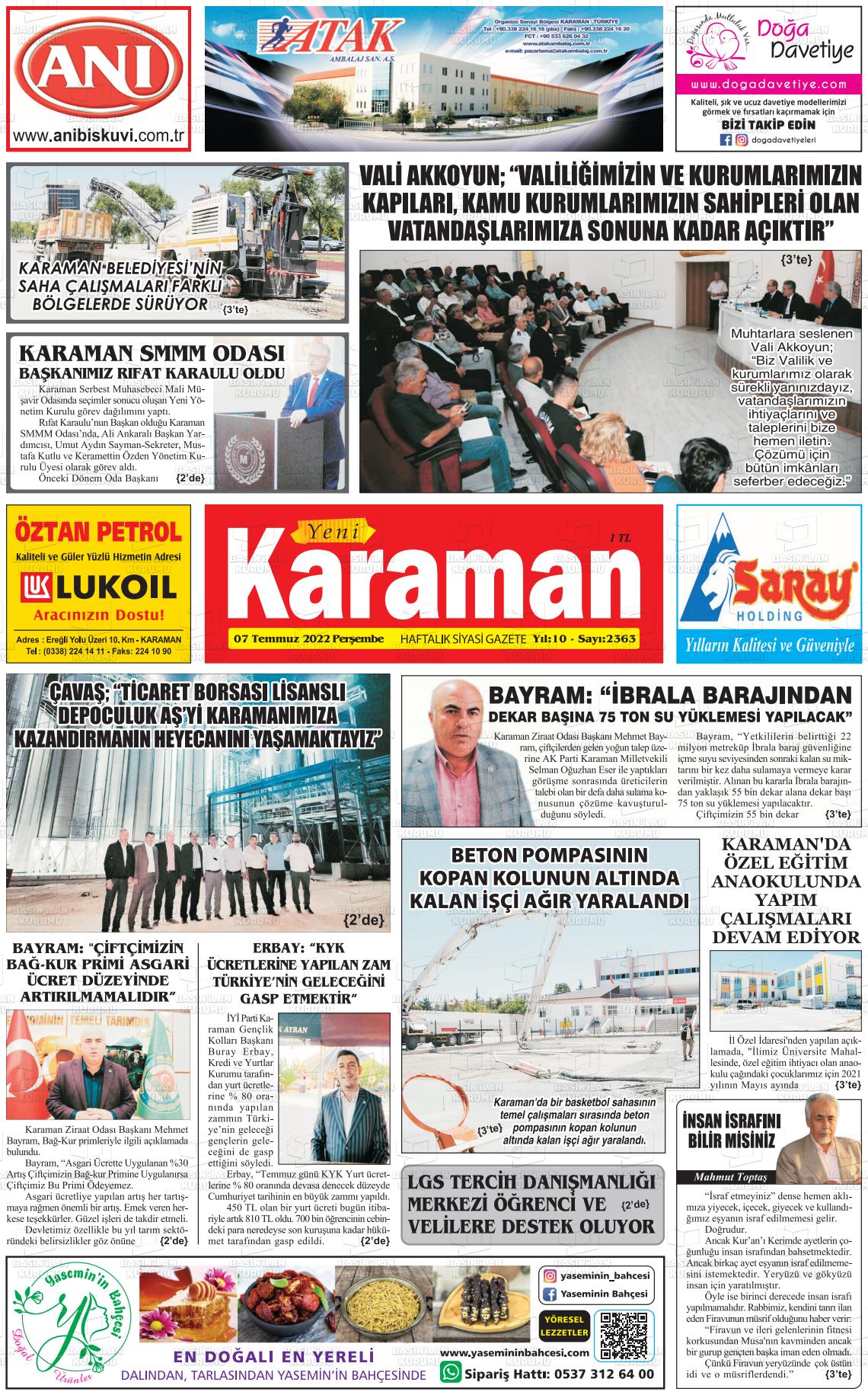 07 Temmuz 2022 Yeni Karaman Gazete Manşeti