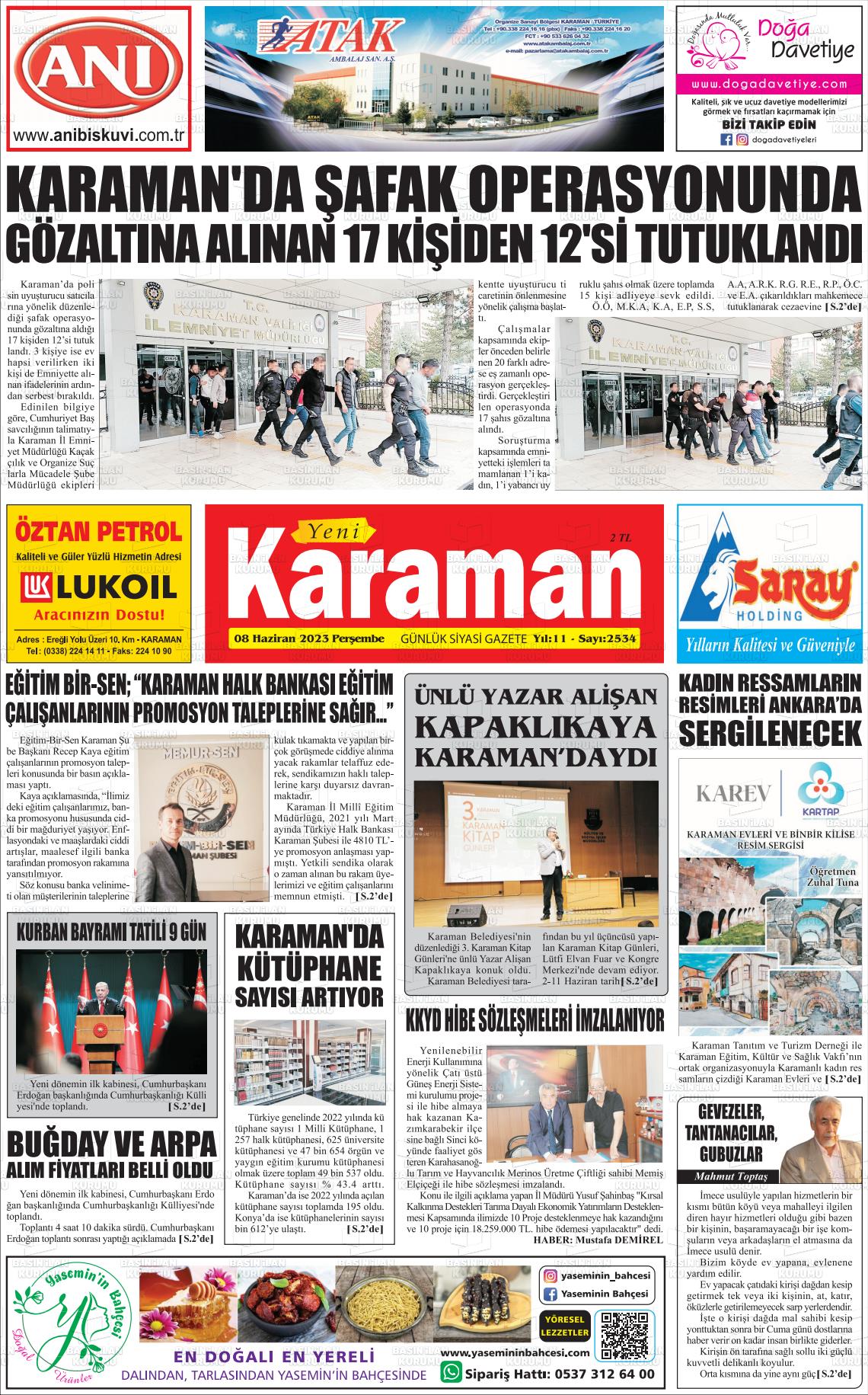 08 Haziran 2023 Yeni Karaman Gazete Manşeti