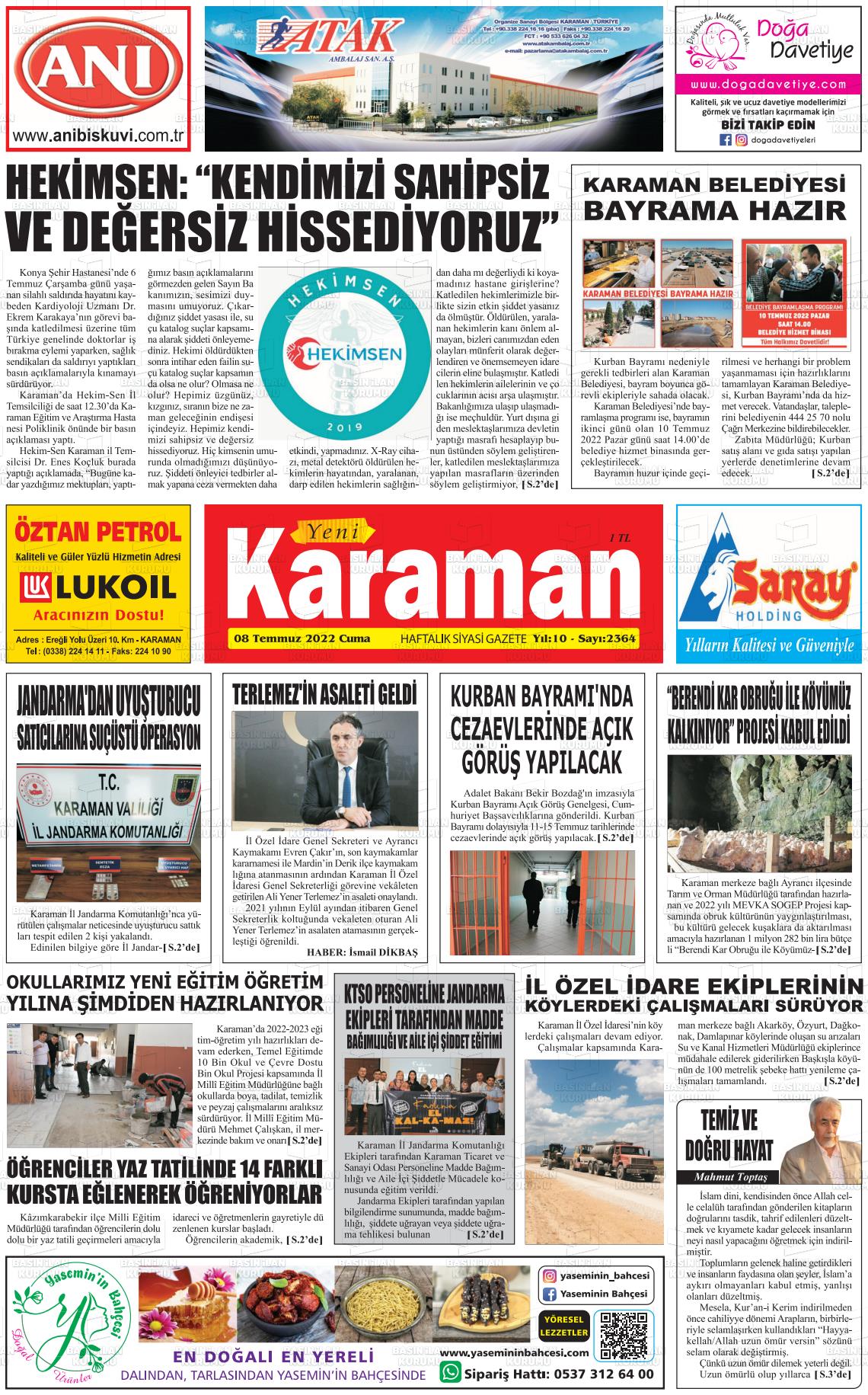 08 Temmuz 2022 Yeni Karaman Gazete Manşeti