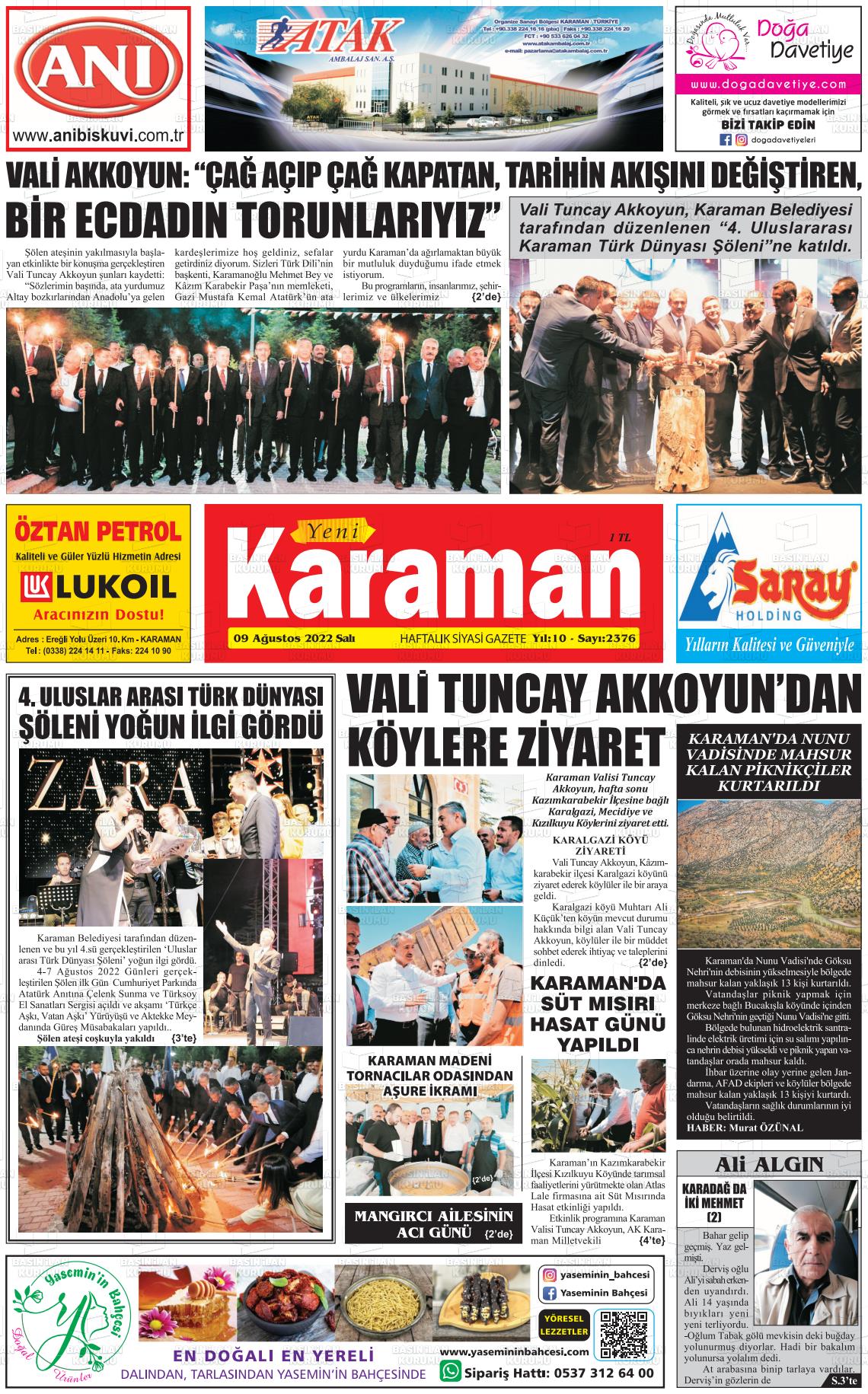 09 Ağustos 2022 Yeni Karaman Gazete Manşeti