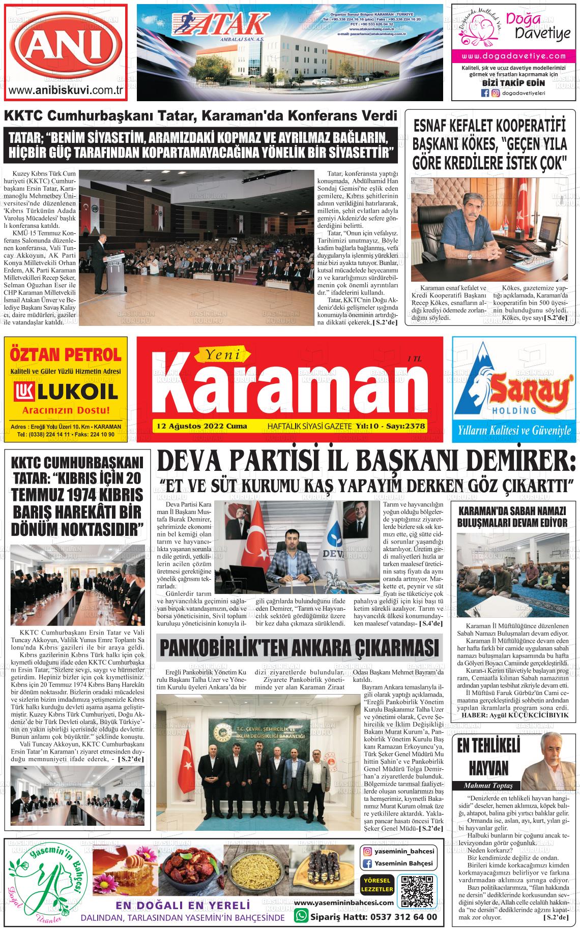 12 Ağustos 2022 Yeni Karaman Gazete Manşeti