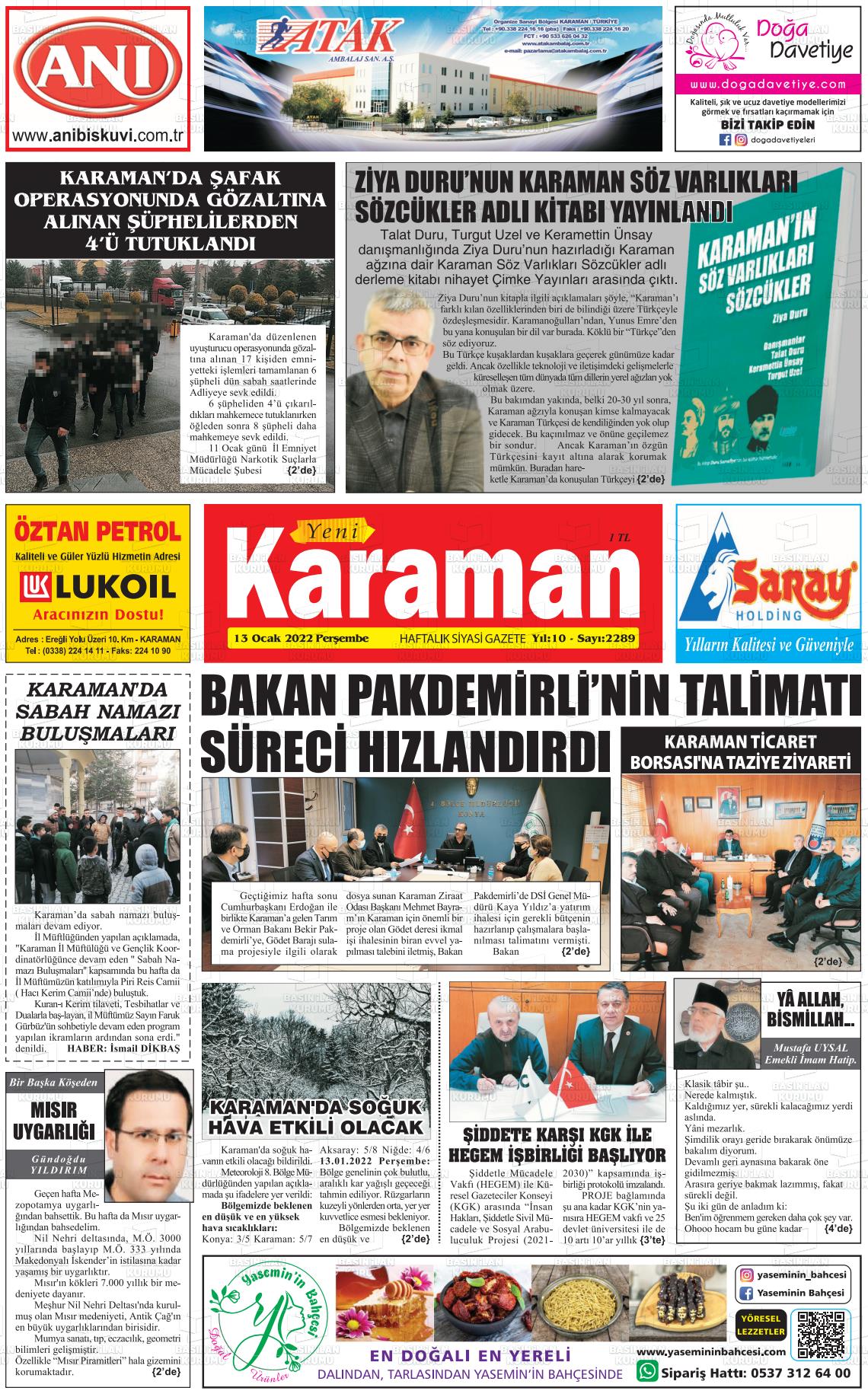 13 Ocak 2022 Yeni Karaman Gazete Manşeti