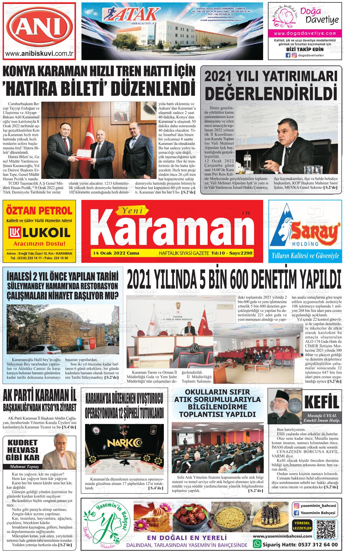14 Ocak 2022 Yeni Karaman Gazete Manşeti