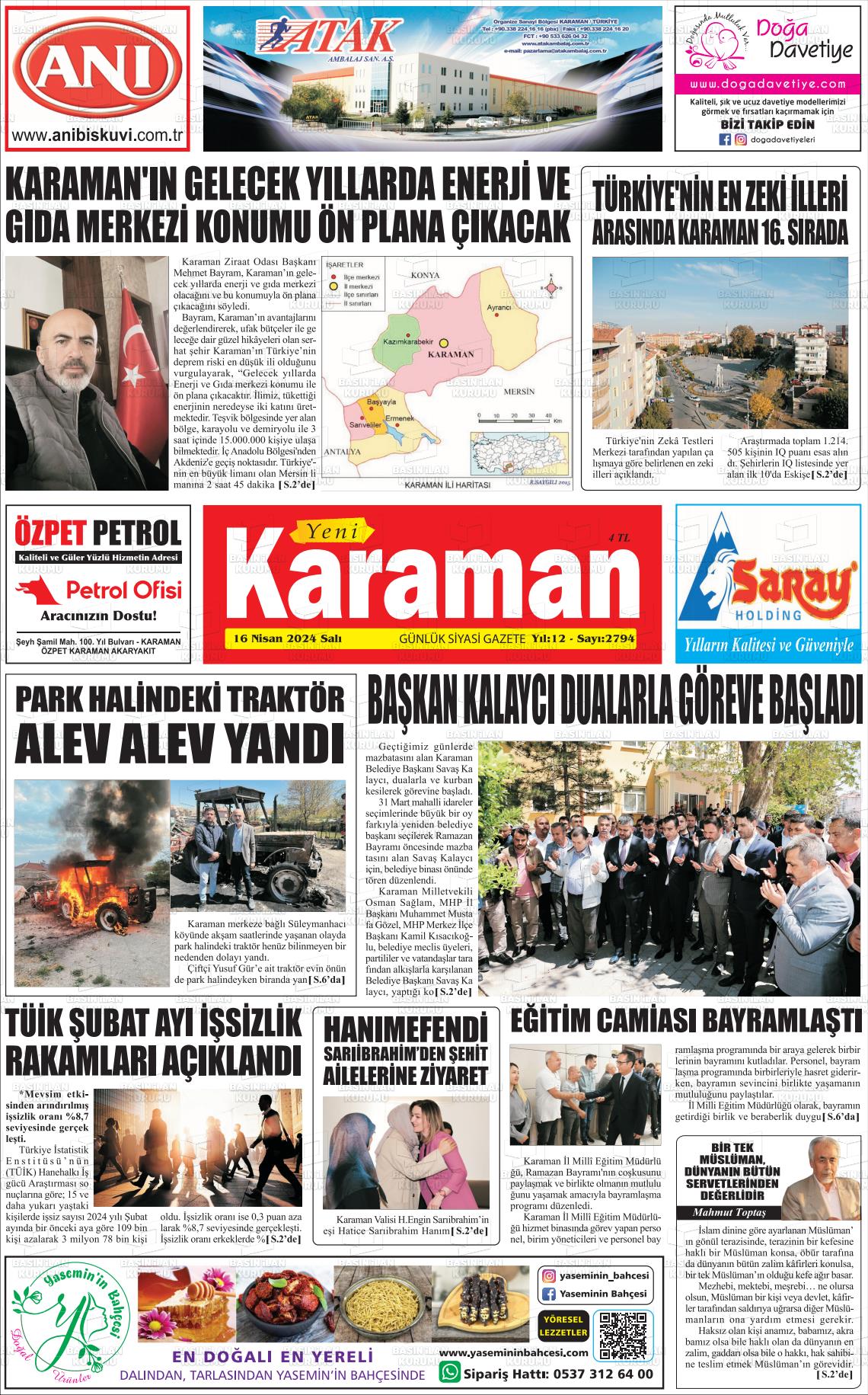 16 Nisan 2024 Yeni Karaman Gazete Manşeti