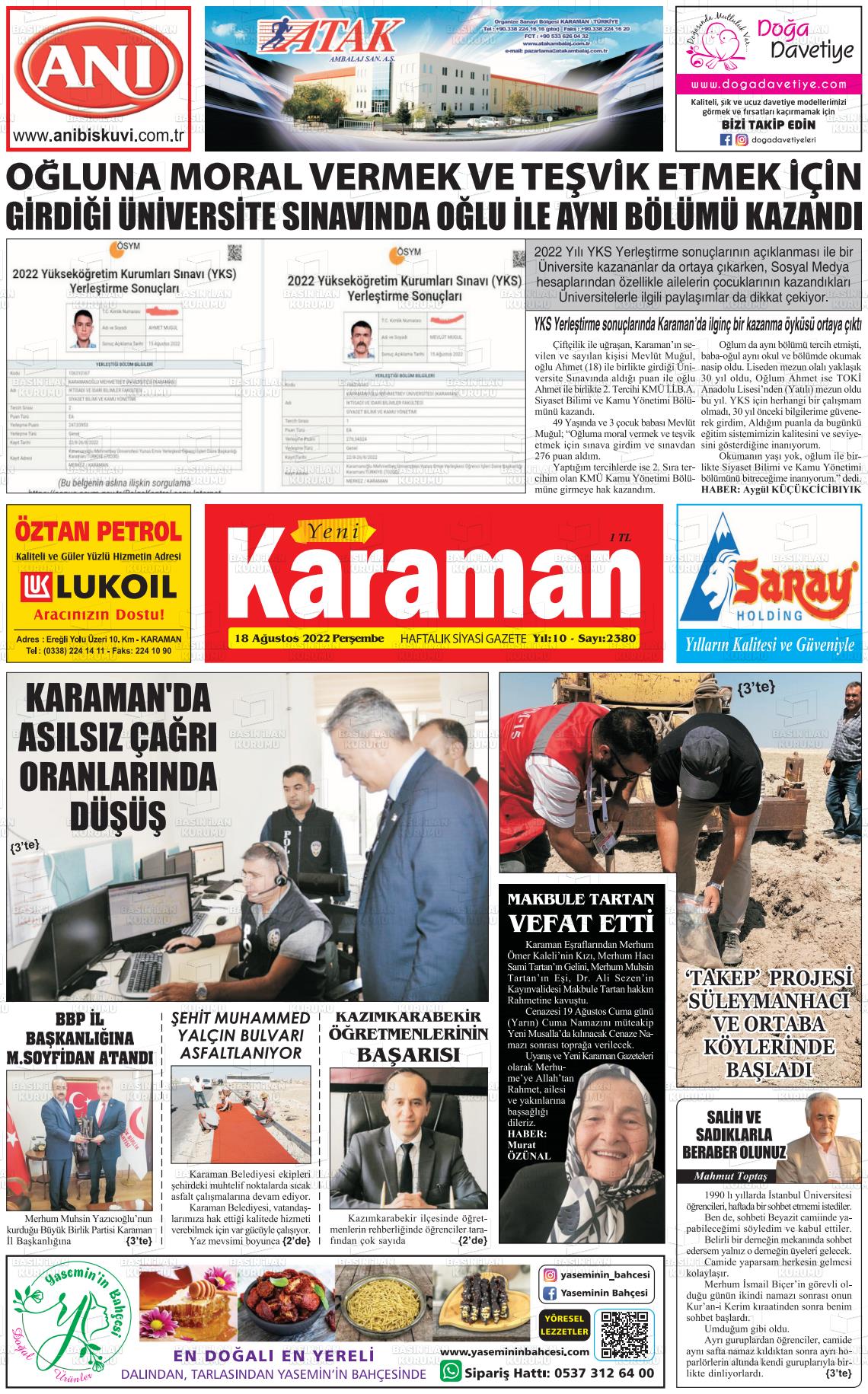 18 Ağustos 2022 Yeni Karaman Gazete Manşeti
