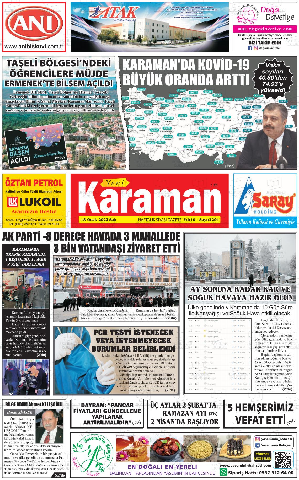18 Ocak 2022 Yeni Karaman Gazete Manşeti