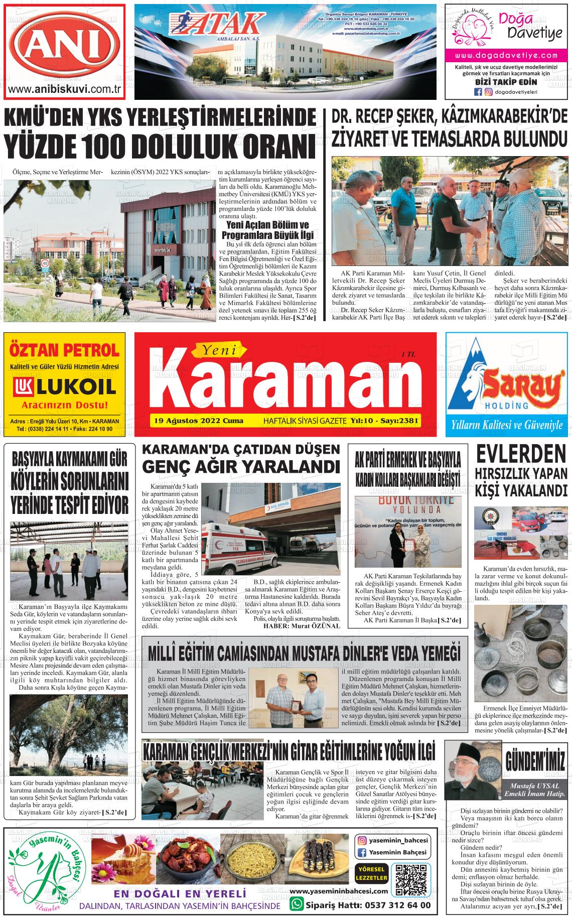 19 Ağustos 2022 Yeni Karaman Gazete Manşeti