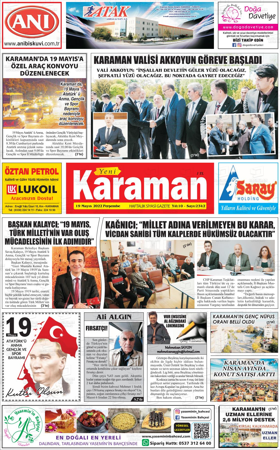 19 Mayıs 2022 Yeni Karaman Gazete Manşeti