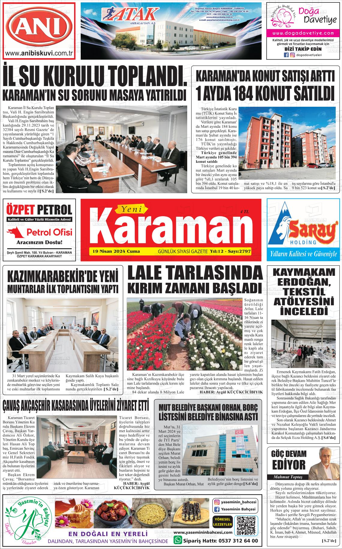 19 Nisan 2024 Yeni Karaman Gazete Manşeti