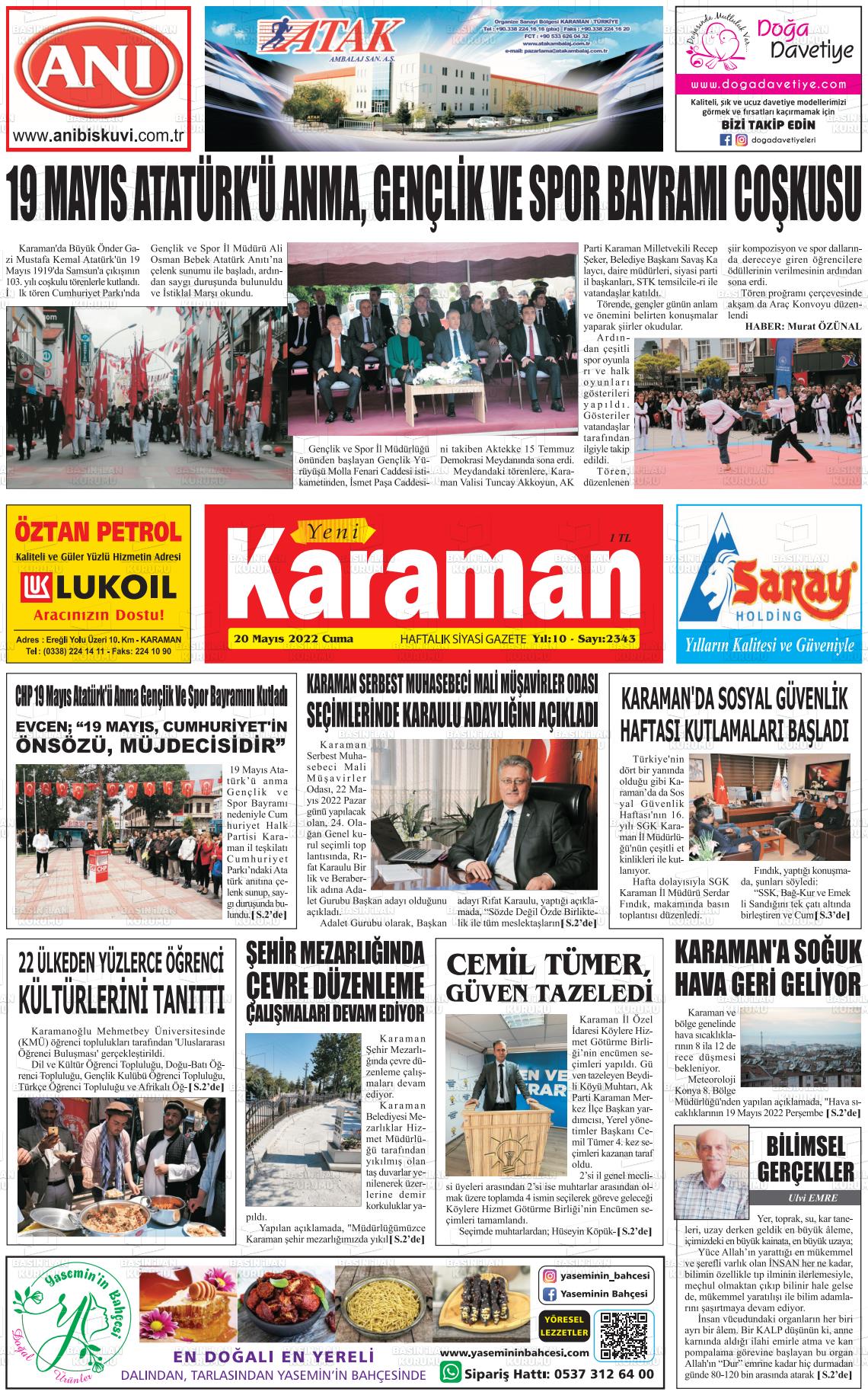20 Mayıs 2022 Yeni Karaman Gazete Manşeti