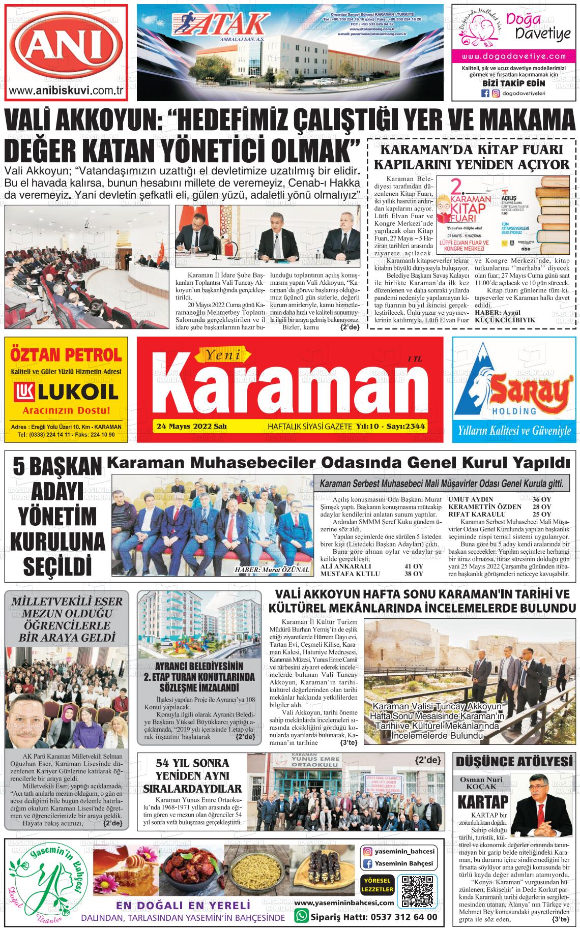 24 Mayıs 2022 Yeni Karaman Gazete Manşeti