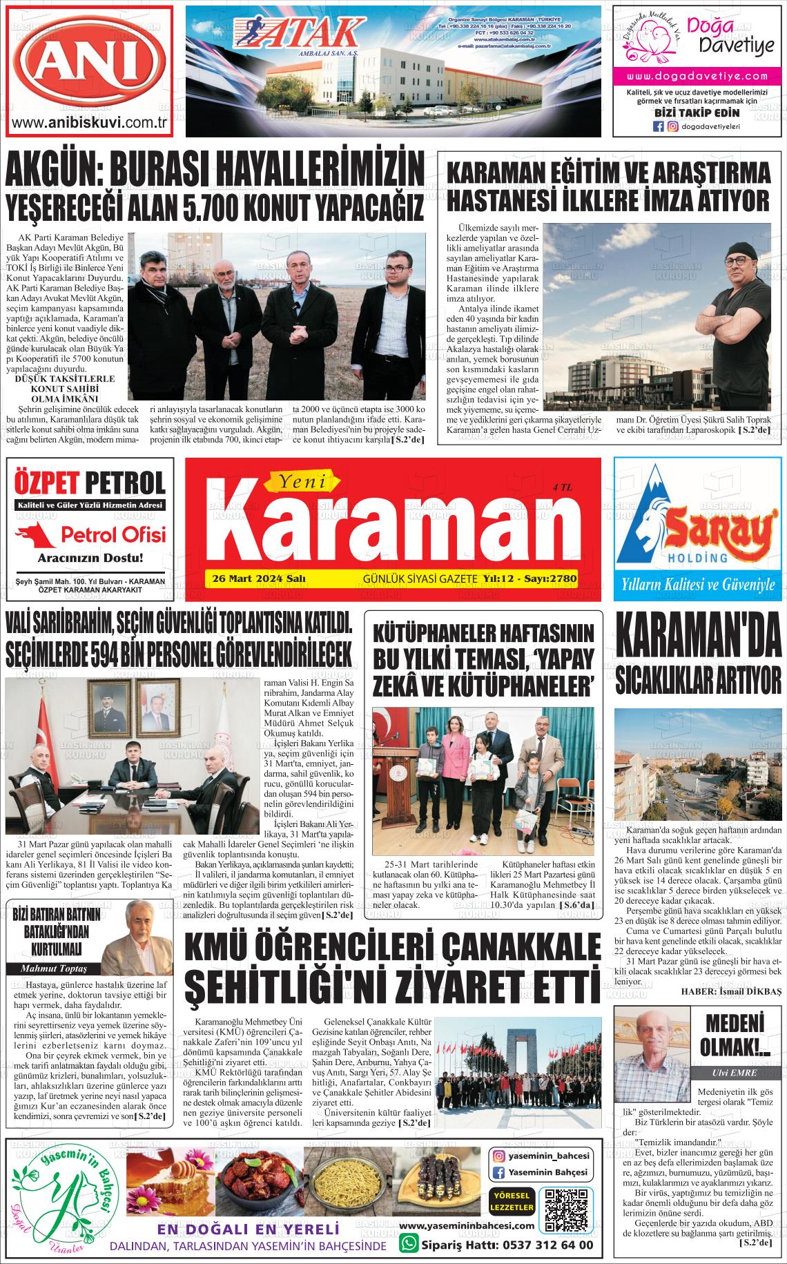 26 Mart 2024 Yeni Karaman Gazete Manşeti