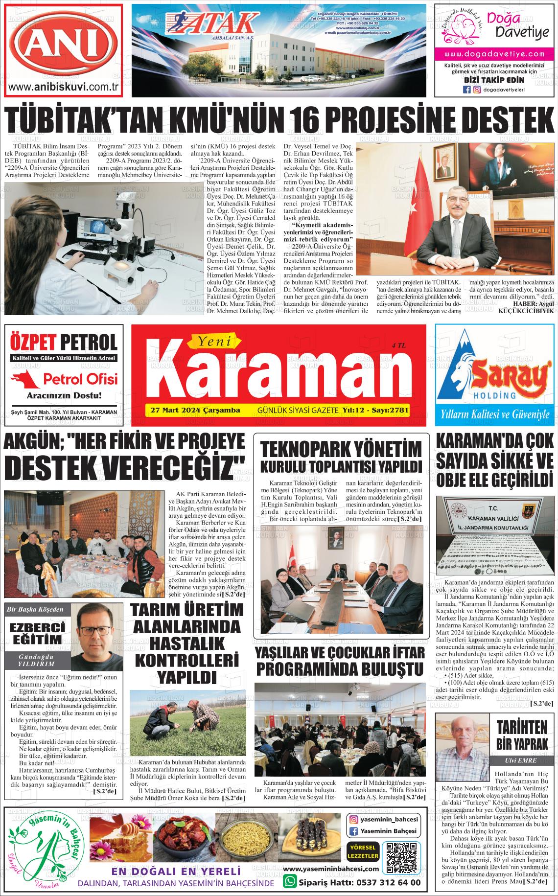 27 Mart 2024 Yeni Karaman Gazete Manşeti