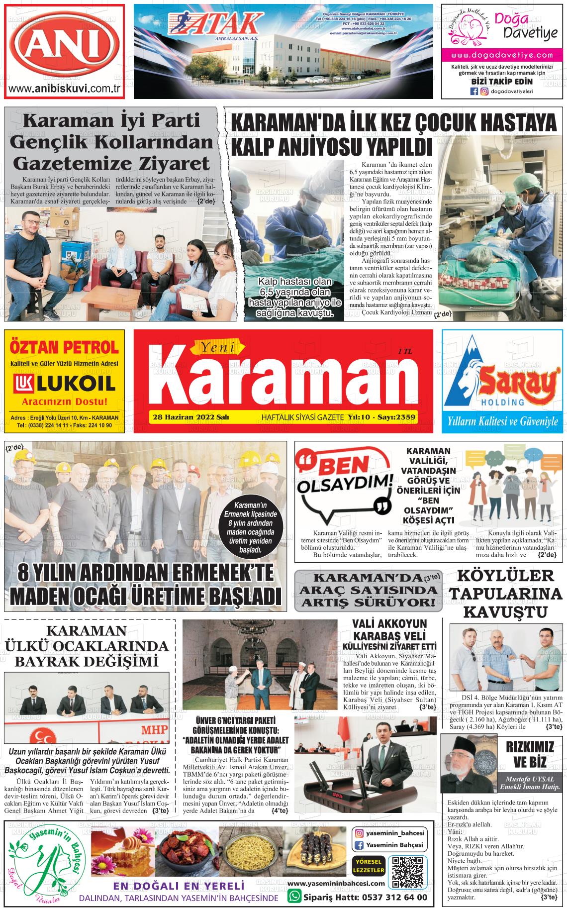28 Haziran 2022 Yeni Karaman Gazete Manşeti
