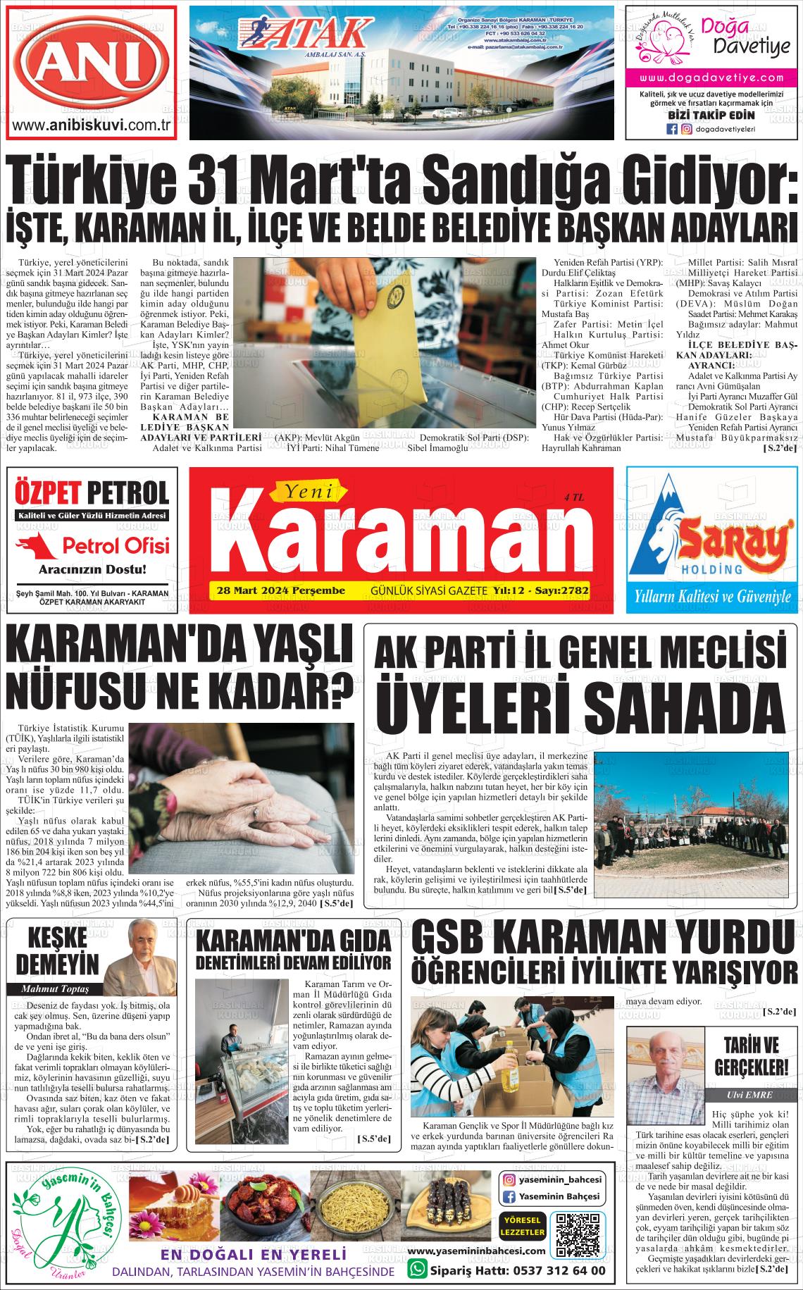 28 Mart 2024 Yeni Karaman Gazete Manşeti