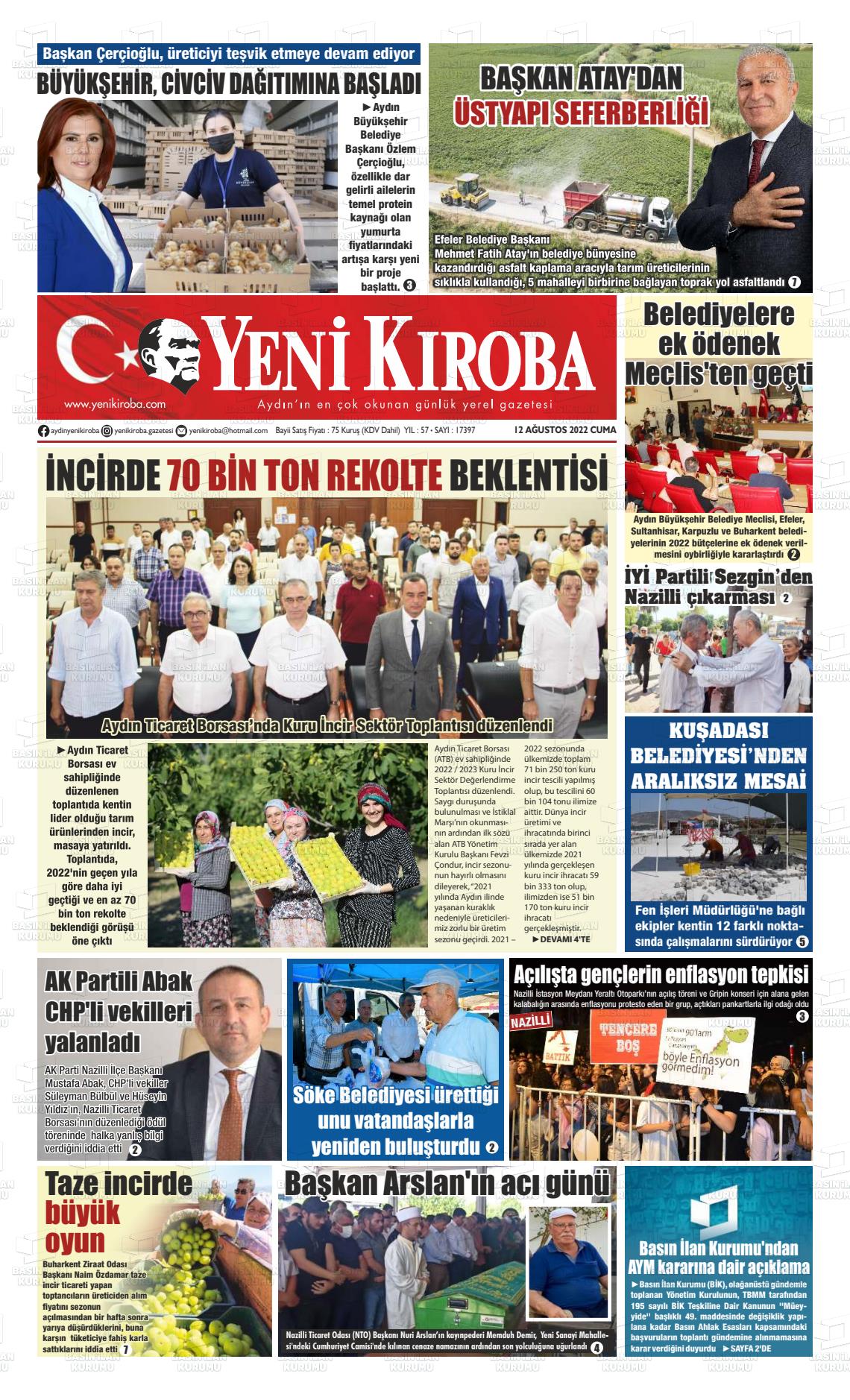 12 Ağustos 2022 Yeni Kıroba Gazete Manşeti