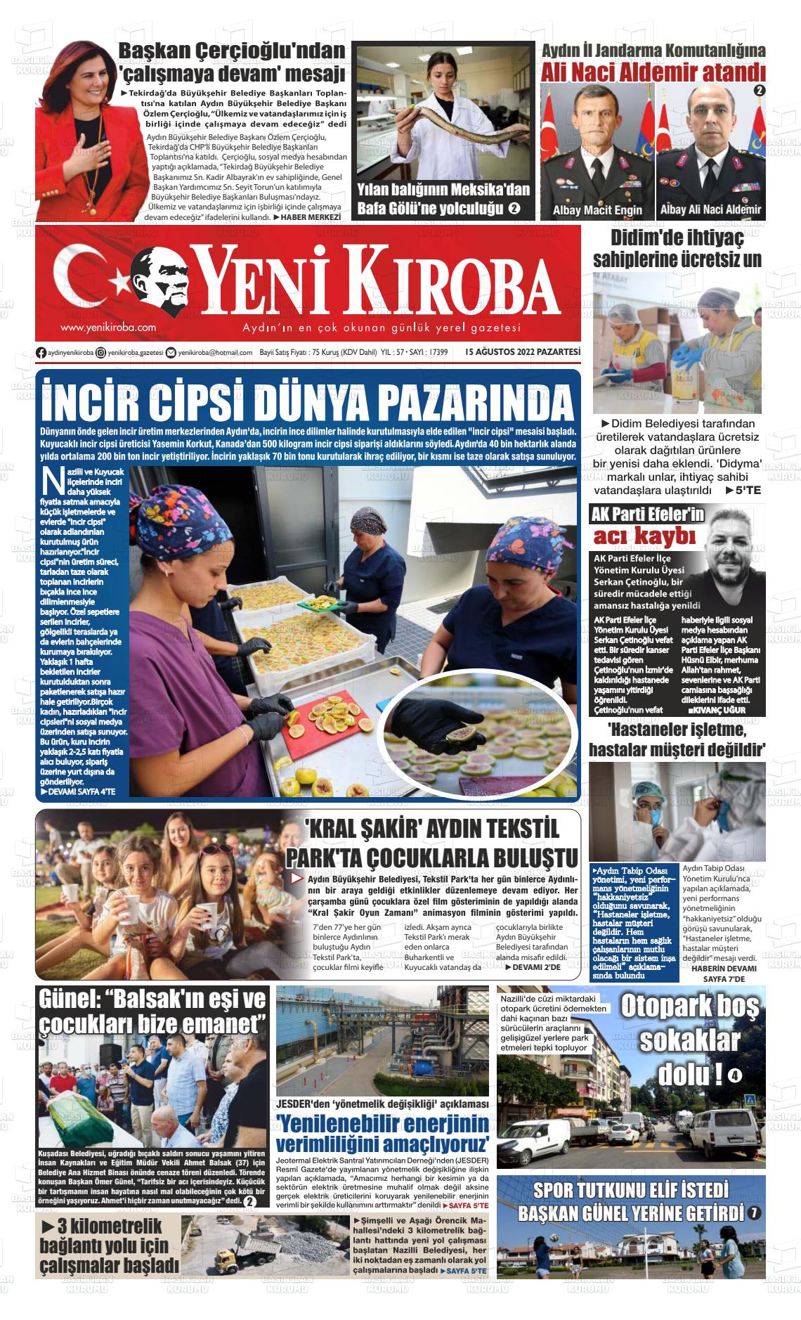 15 Ağustos 2022 Yeni Kıroba Gazete Manşeti