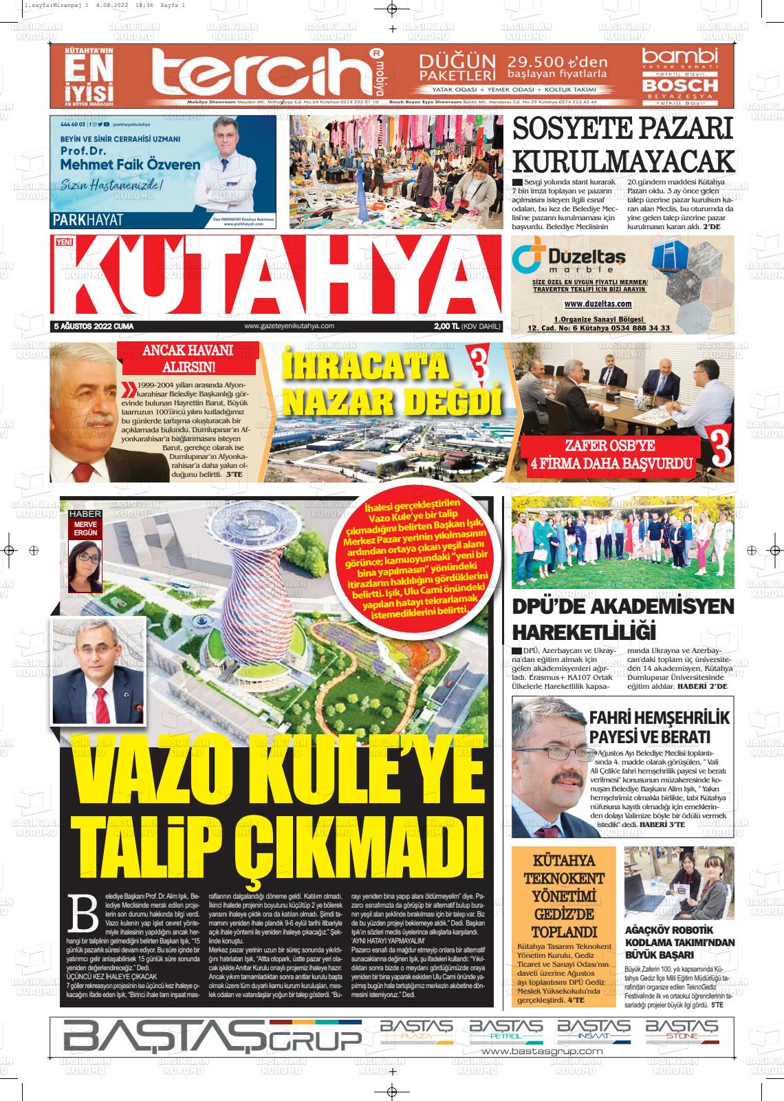 05 Ağustos 2022 Yeni Kütahya Gazete Manşeti